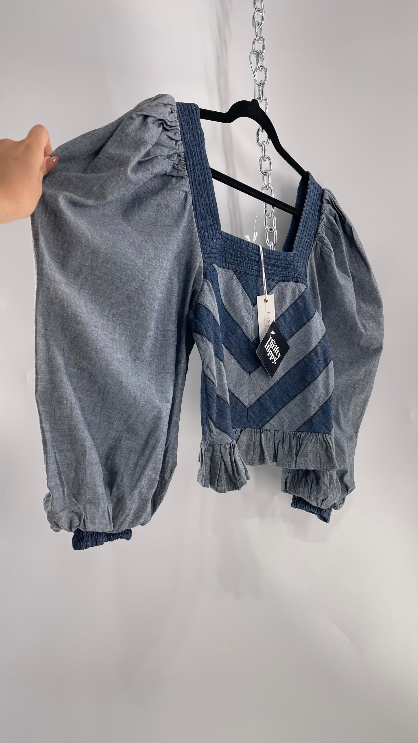 Love the Label ANTHROPOLOGIE Chambray, Chevron, Denim Smocked Blouse with Dramatic Sleeves and Tags Attached (Small)