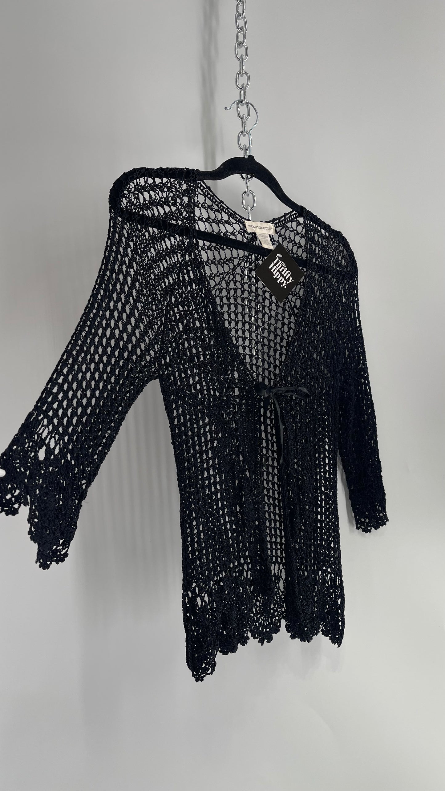 Vintage Black Crochet Slinky Top with Ribbon Bust Tie (XS)