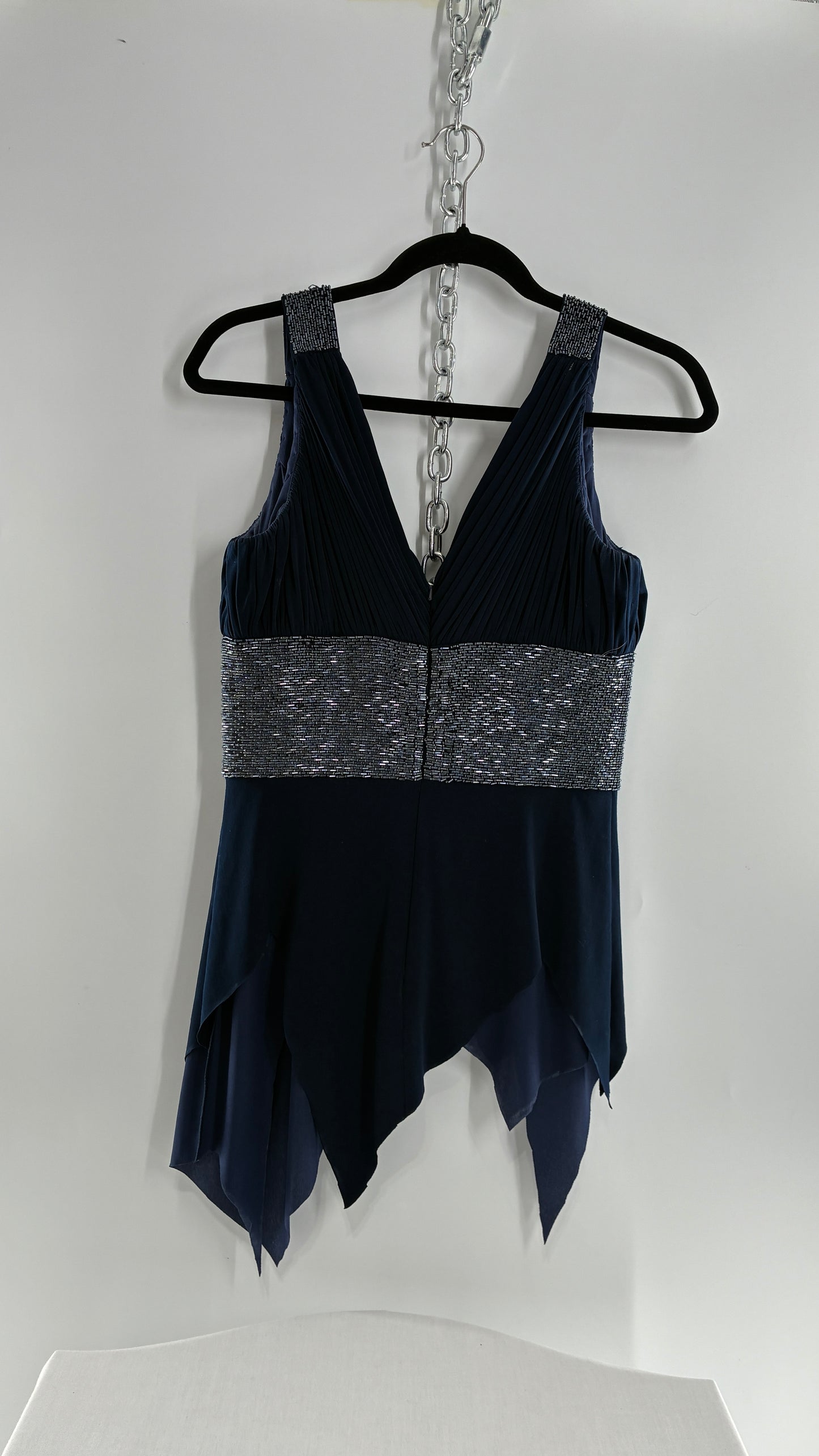Vintage JS Boutique 1990s Navy Blue Chopped Handkerchief Hem, Beaded Underbust Panel and Pleated Bust (6)