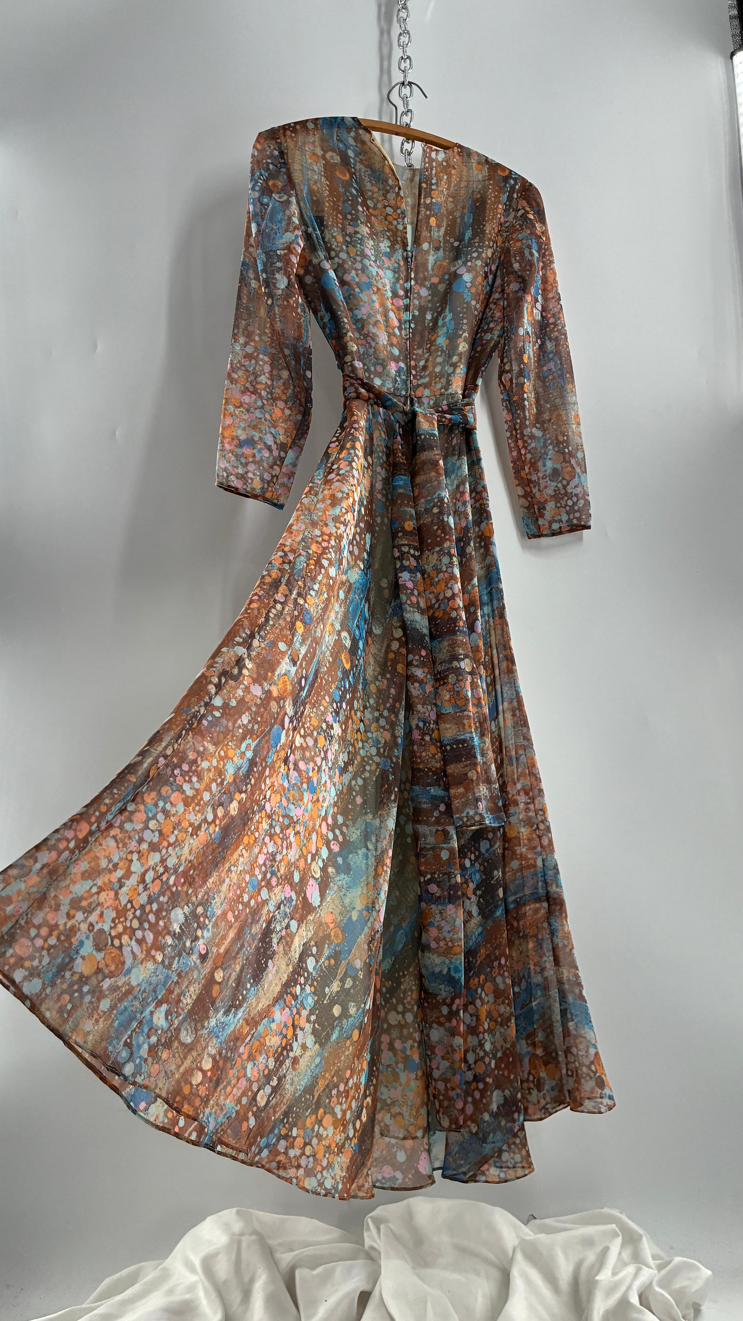 Vintage 1970s HELEN BASS Brown, Orange, Blue Voluminous Maxi Dress (S)