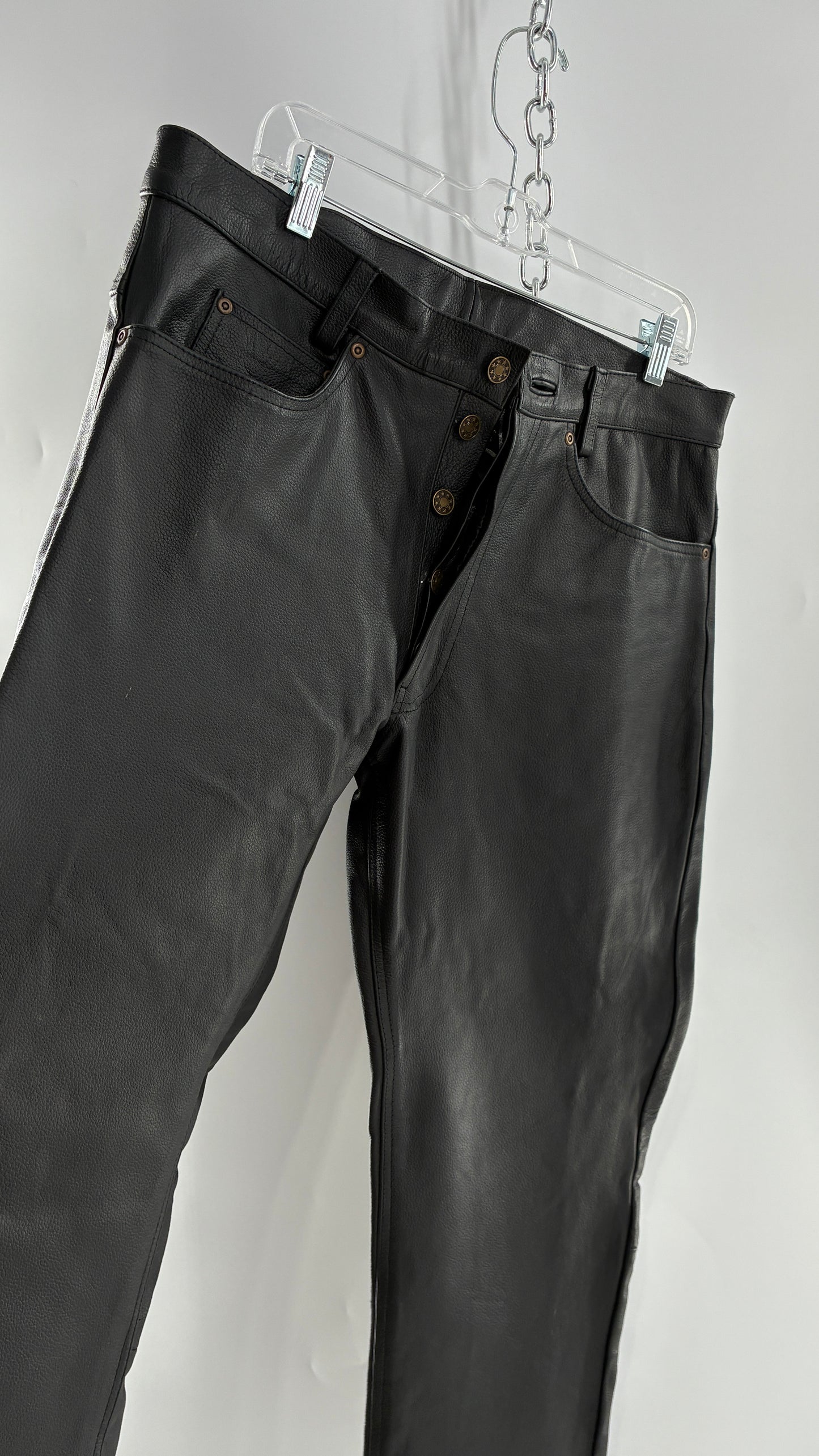 Vintage Button Front, French, Black, Thick Genuine Leather Pants (36)