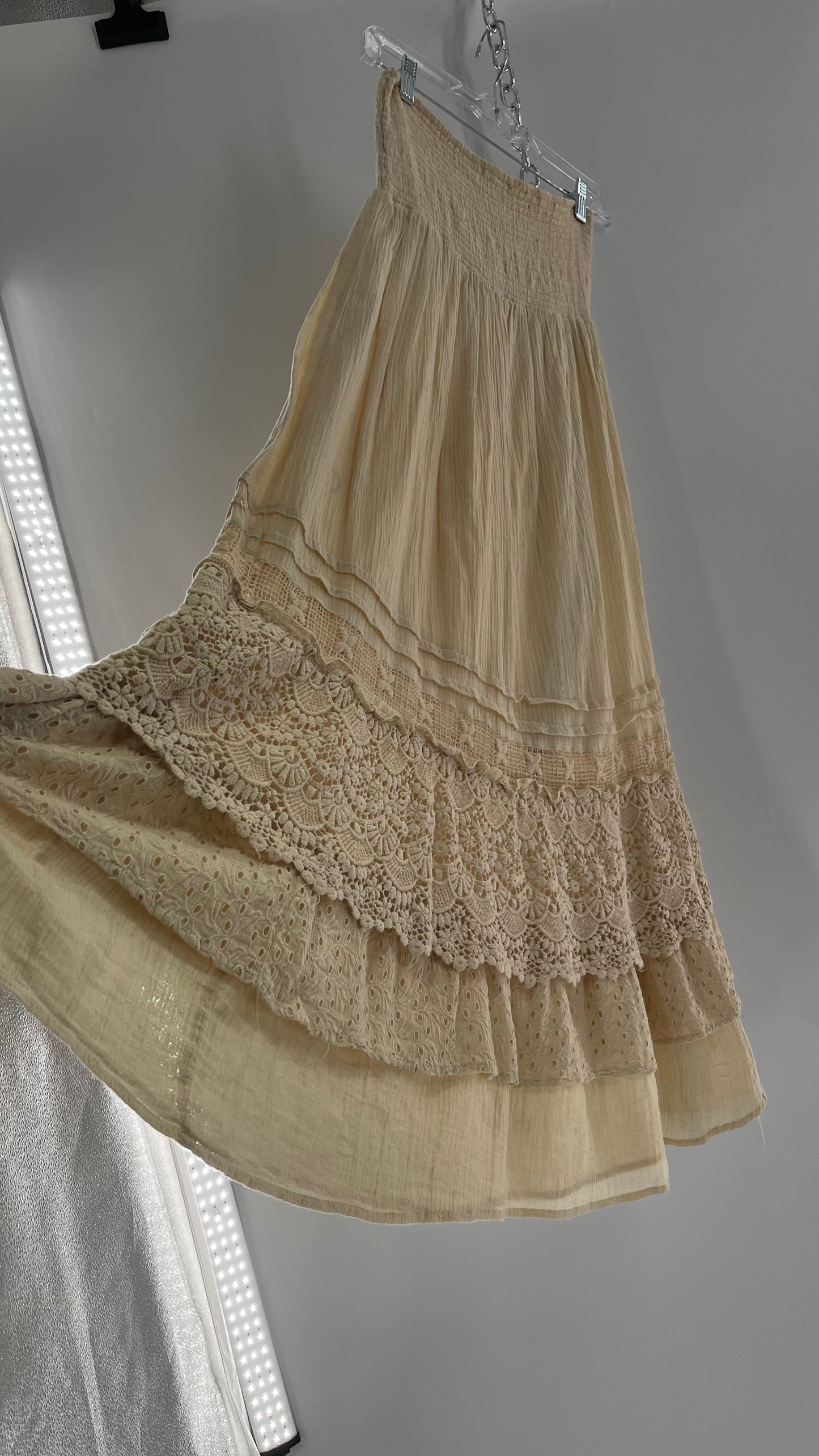 Free People Beige Gauze/Cotton Full Length Skirt Lined with Lace (XS)