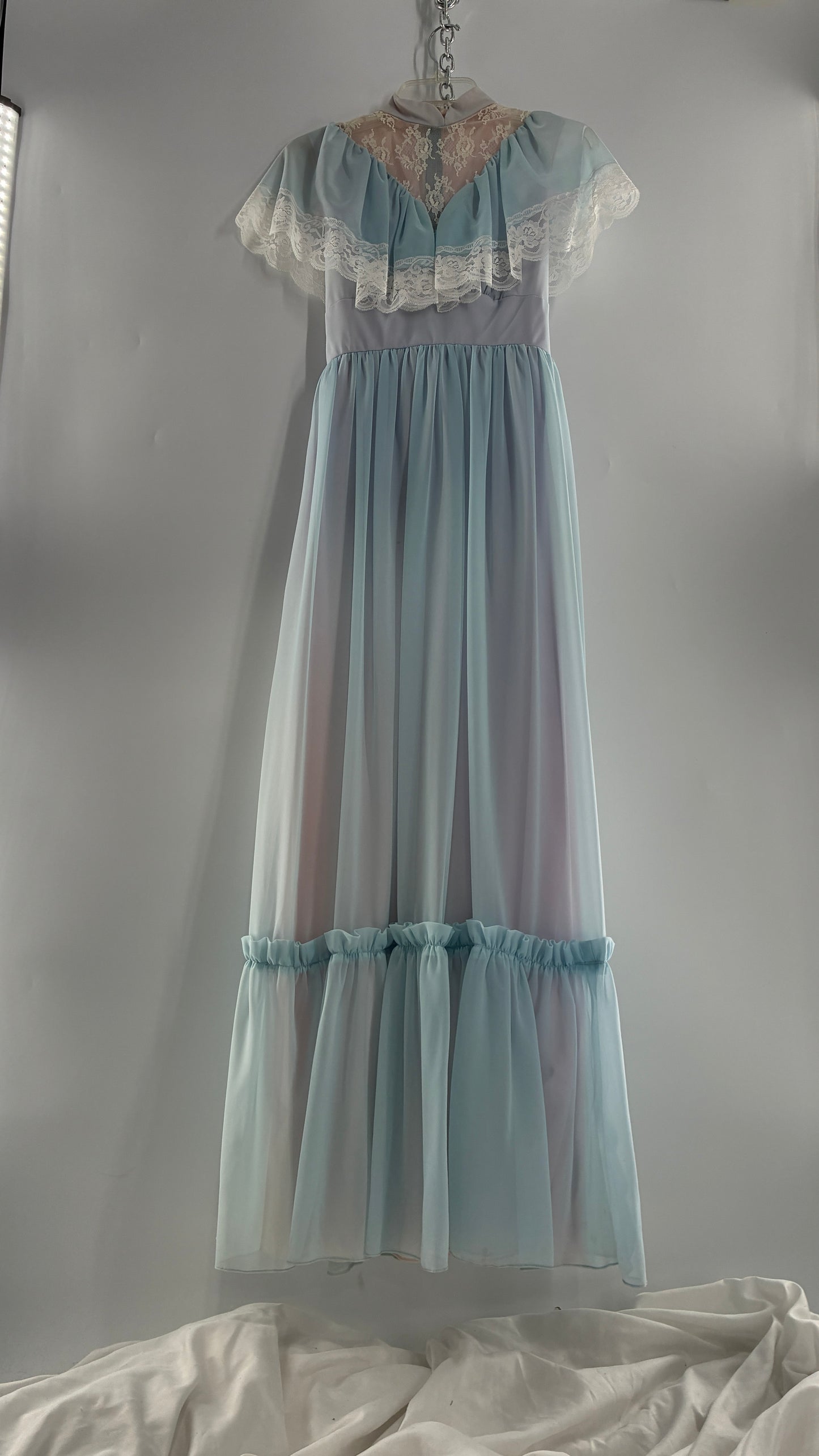 Vintage Handmade 1960s Powder Blue Overlay, Lilac Underlay Gown, Prairie Wedding Dress