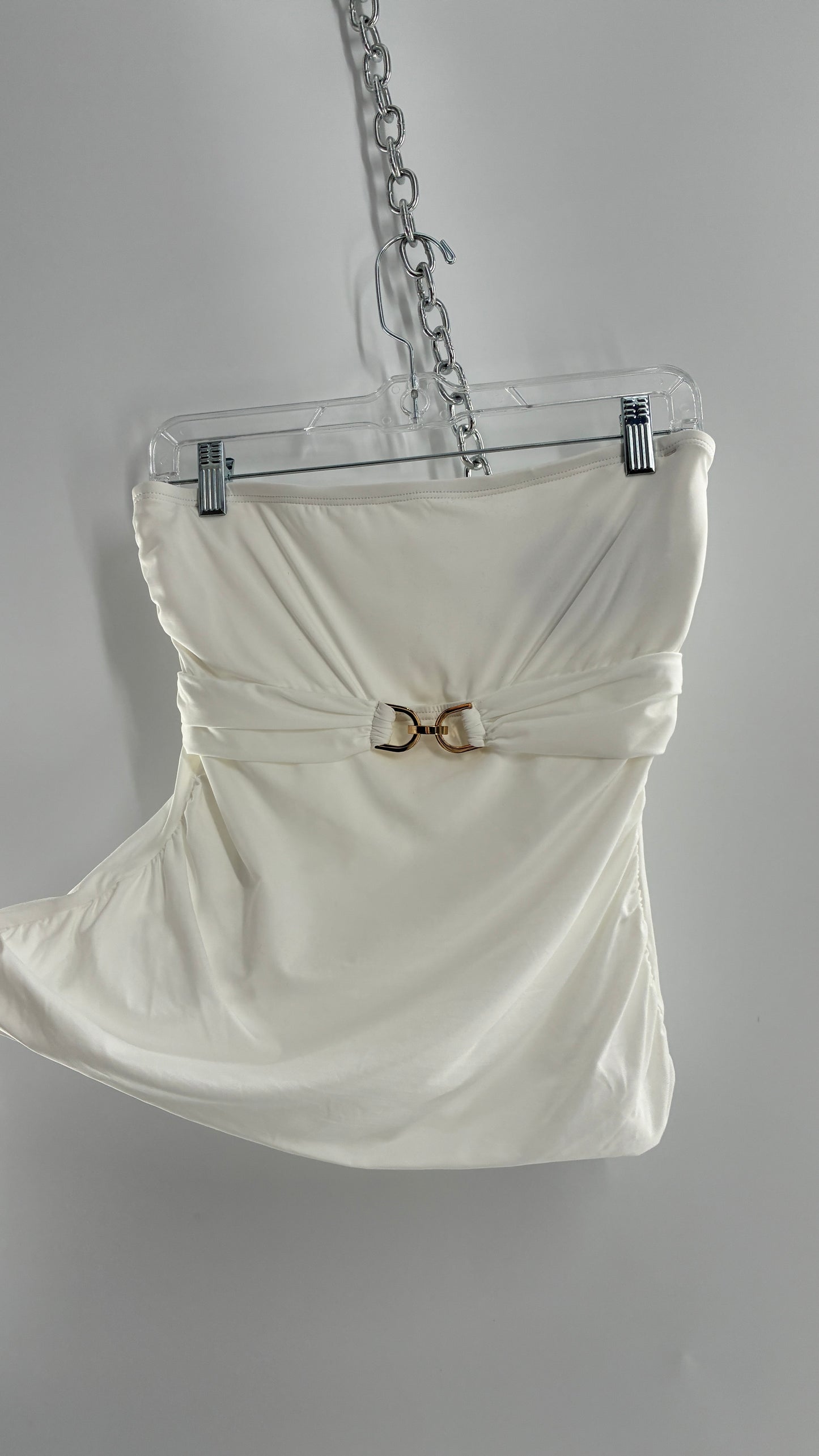 Michael Kors White Tube Top with Gold Underbust Chain Detail and Underwire Bra (Large)