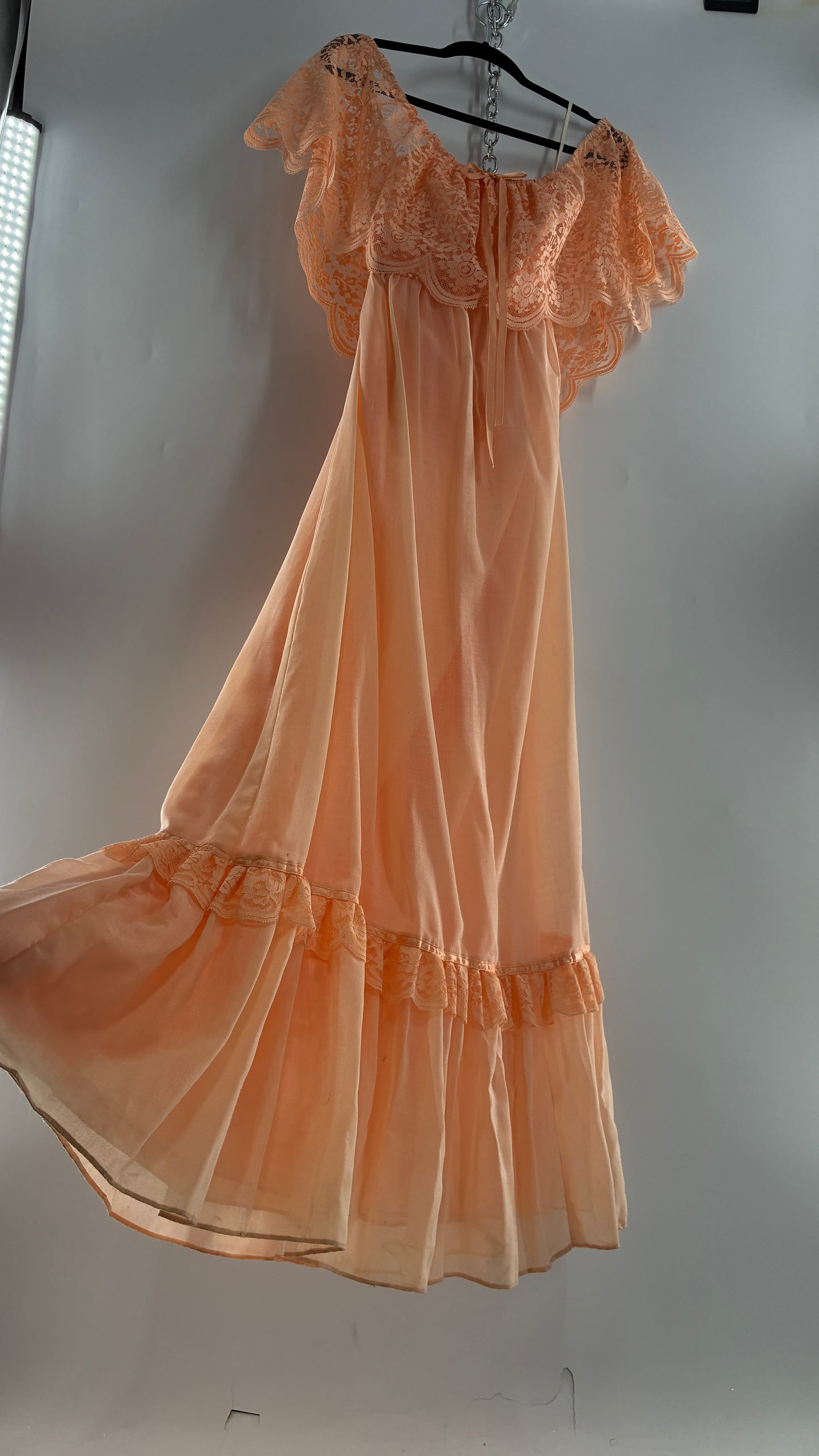 Vintage 1960s Ruffled Off the Shoulder Peach Full Length Voluminous Gown with Tie Back (9/10)