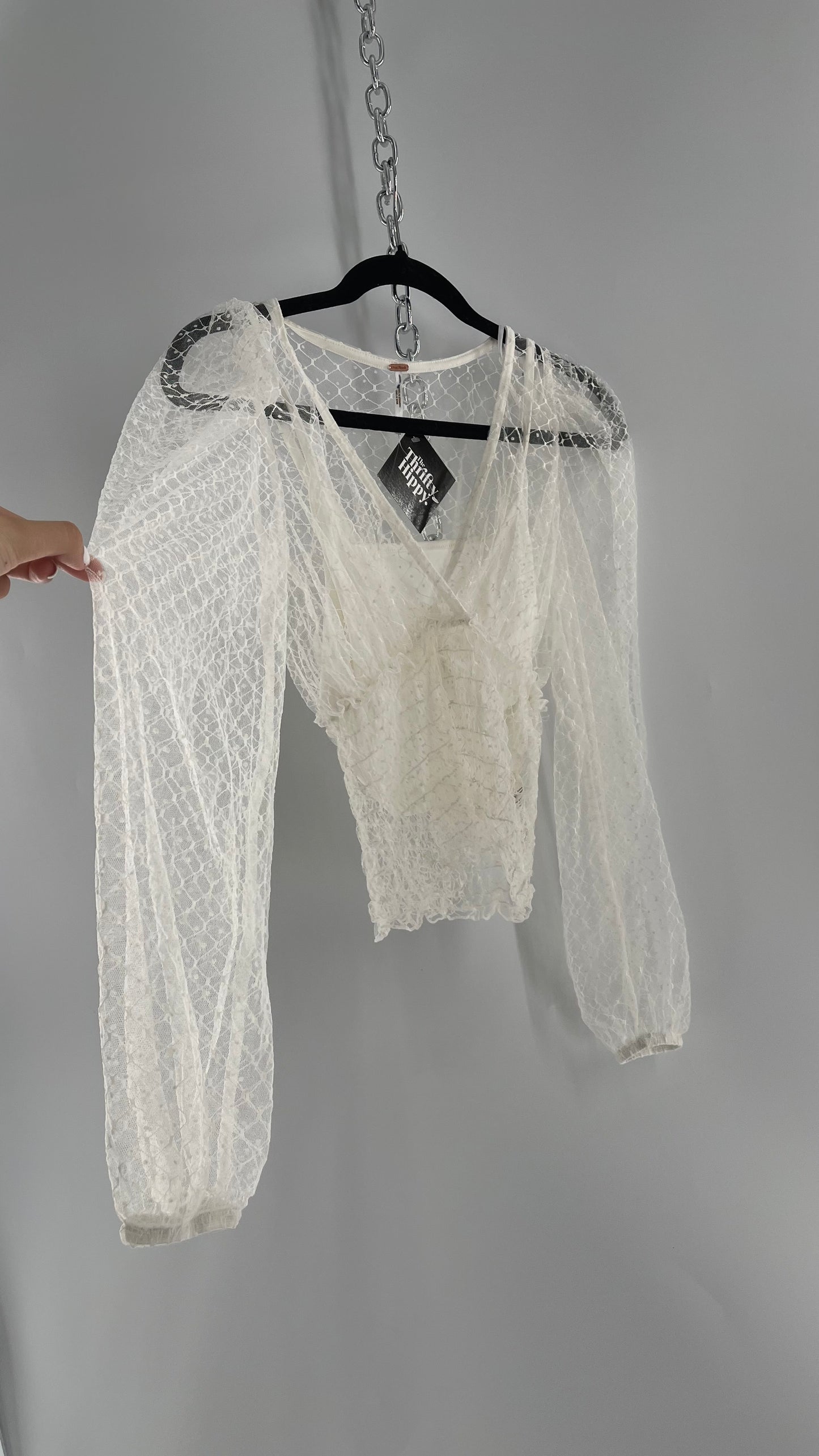 Free People White Embroidered Mesh Blouse with Keyhole Back and Balloon Sleeves (XS)