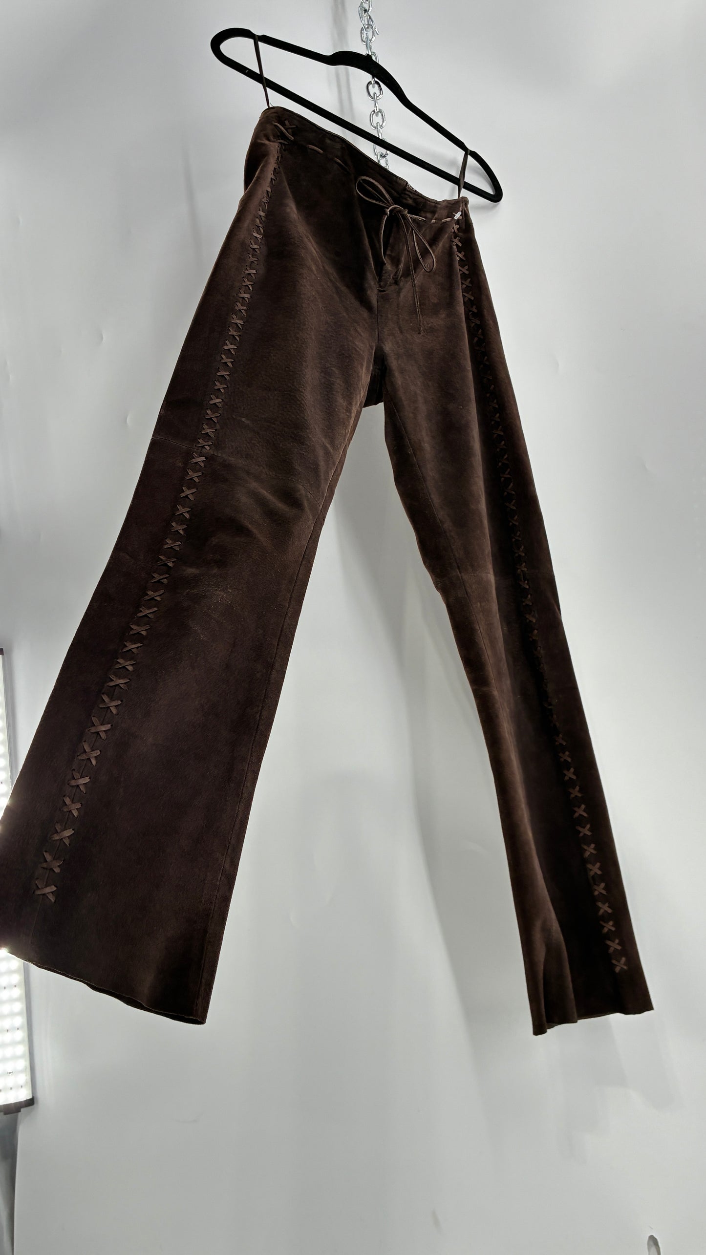 Vintage FOR JOSEPH Low Rise, Chocolate Brown Suede Pants with Leather Stitch Sides and Bow Closure (28)