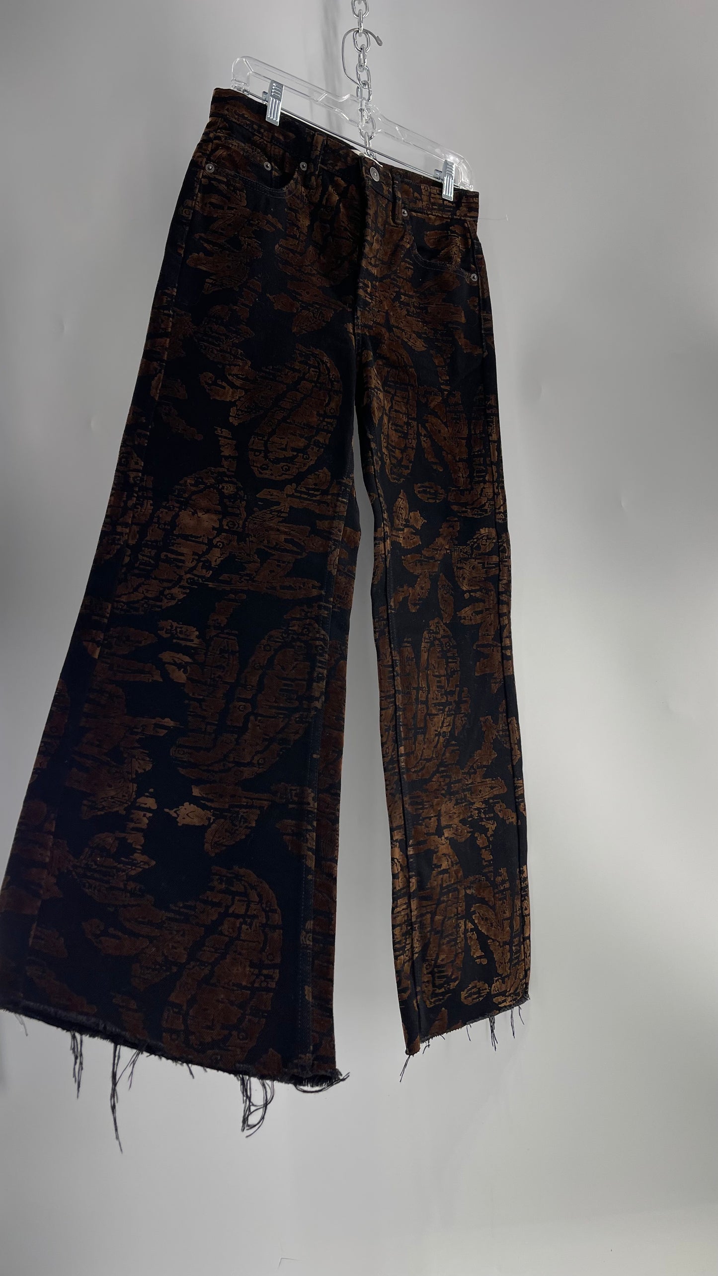 Free People Black/Brown Velvet Texture Graphic Straight Legs with Raw Edge Hem and Tags Attached (28)