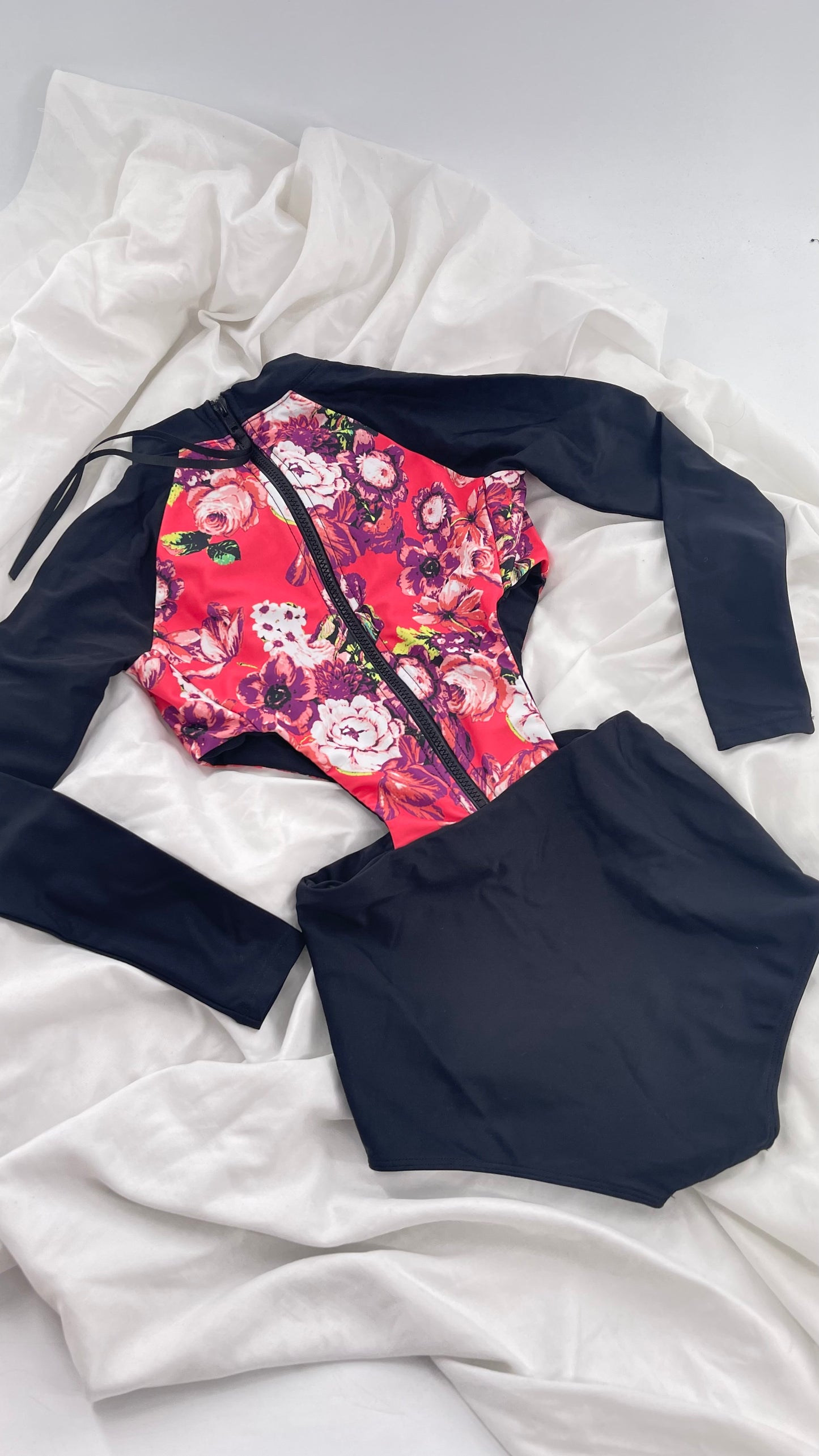 BEACH RIOT x Free People Black Long Sleeve Swimsuit with Hot Pink Floral Torso and Cut Outs (XS)