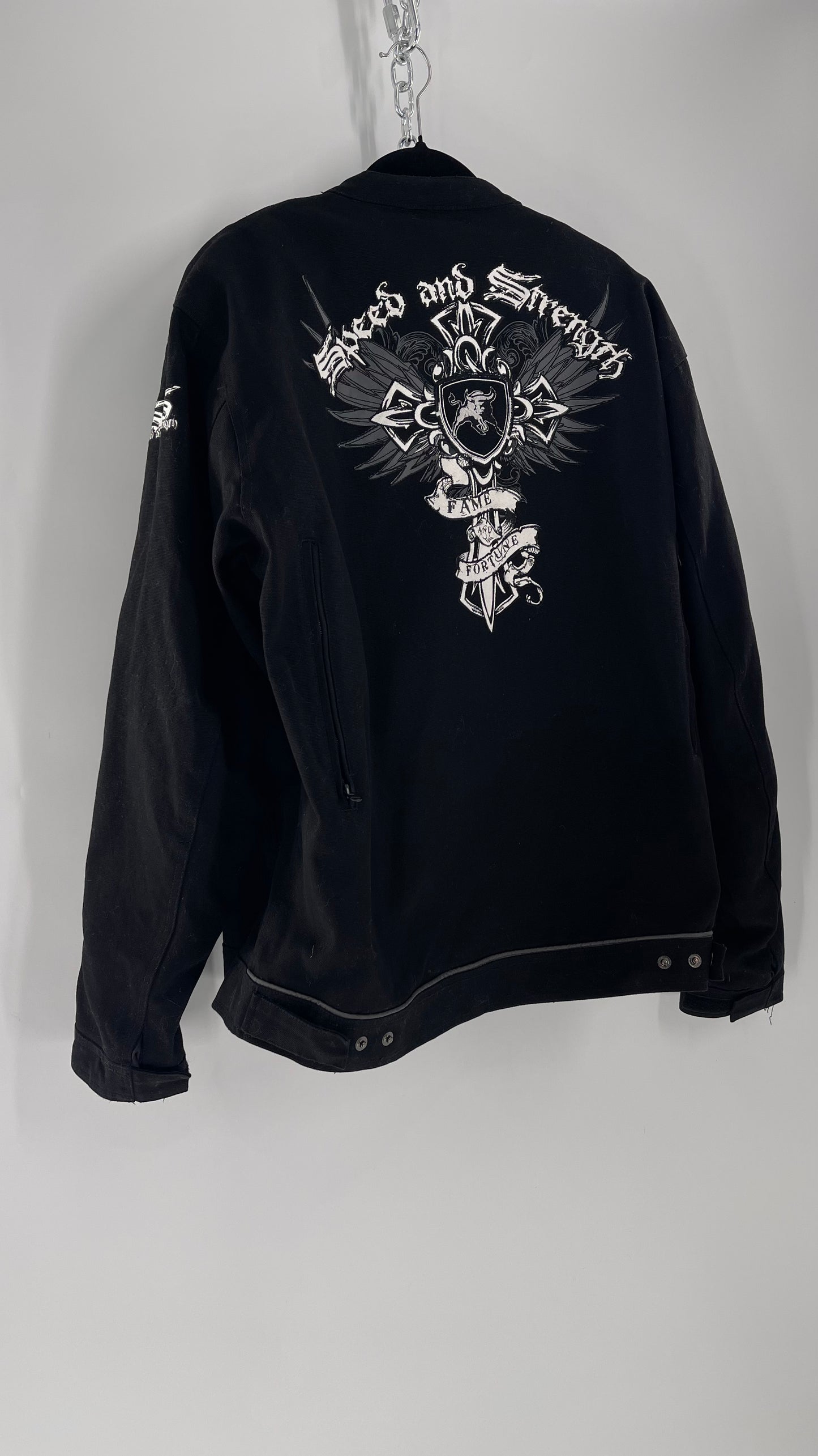 Vintage Speed + Strength Grunge Punk Riding Motorcycle Jacket with Cross Embroidery, Wings, Fame + Fortune, Speed + Strength Men’s Unisex (XXL)