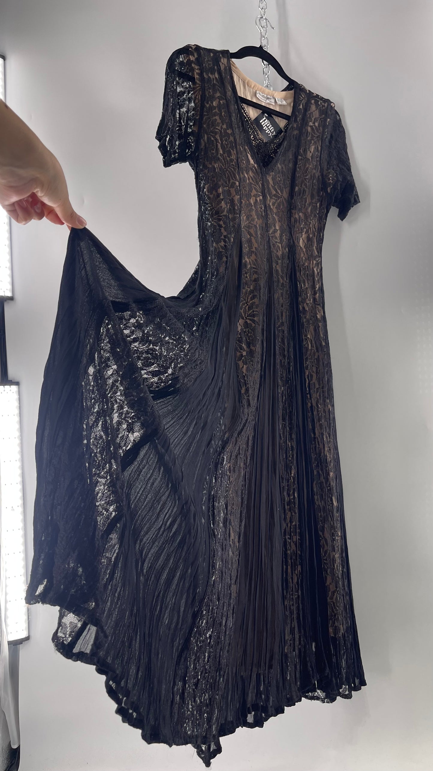 Nostalgia Vintage Black Lace Gown with Pleated Vents and Beige Underlay (Small)