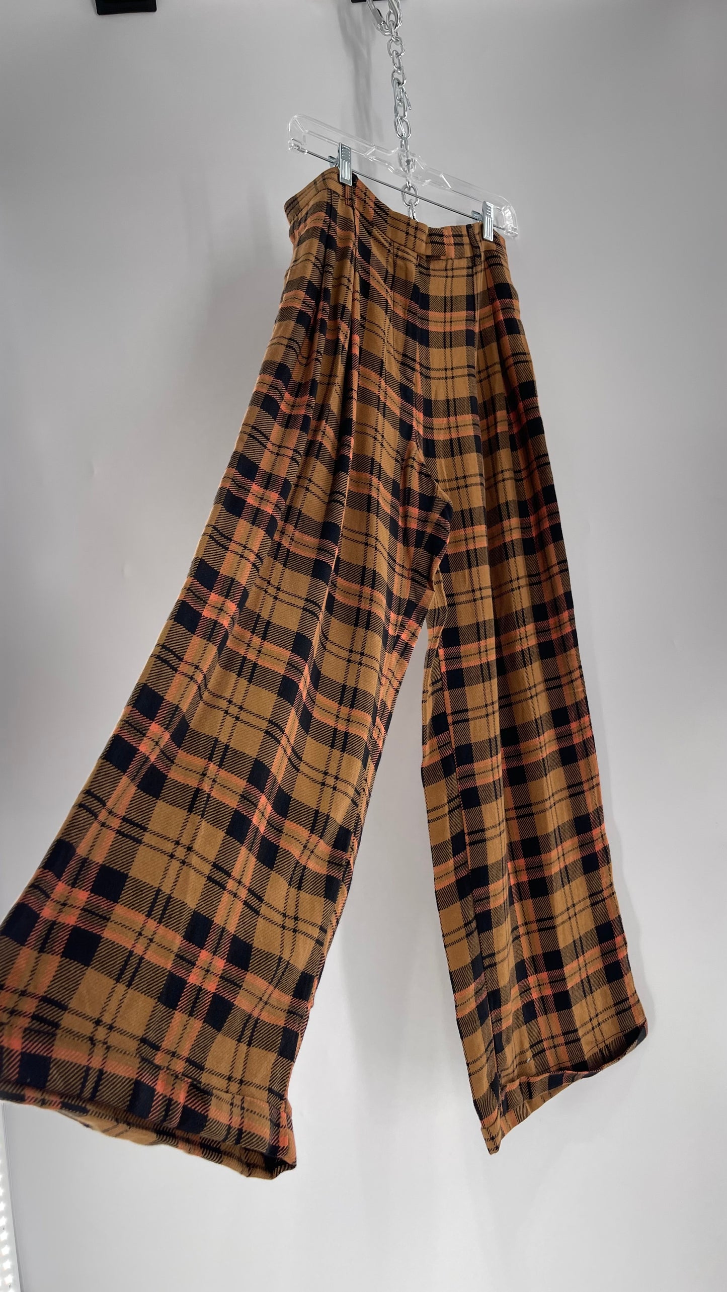 Free People Mustard,Salmon, Black Plaid High Waisted Wide Leg Trouser with Pleating (4)