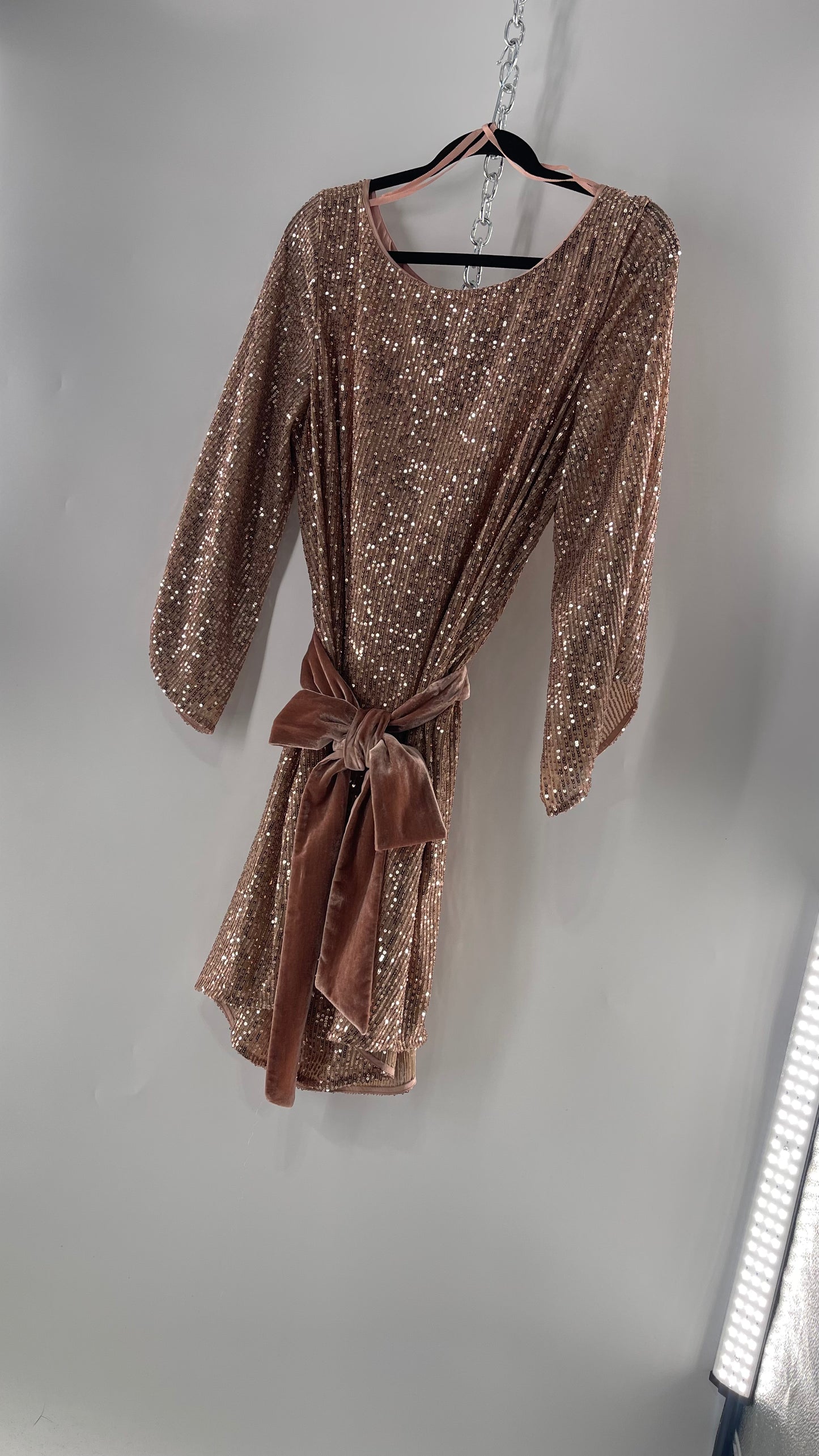 Anthropologie Rose Gold Sequin Dress with Velvet Waist Belt and Tags Attached (XL)