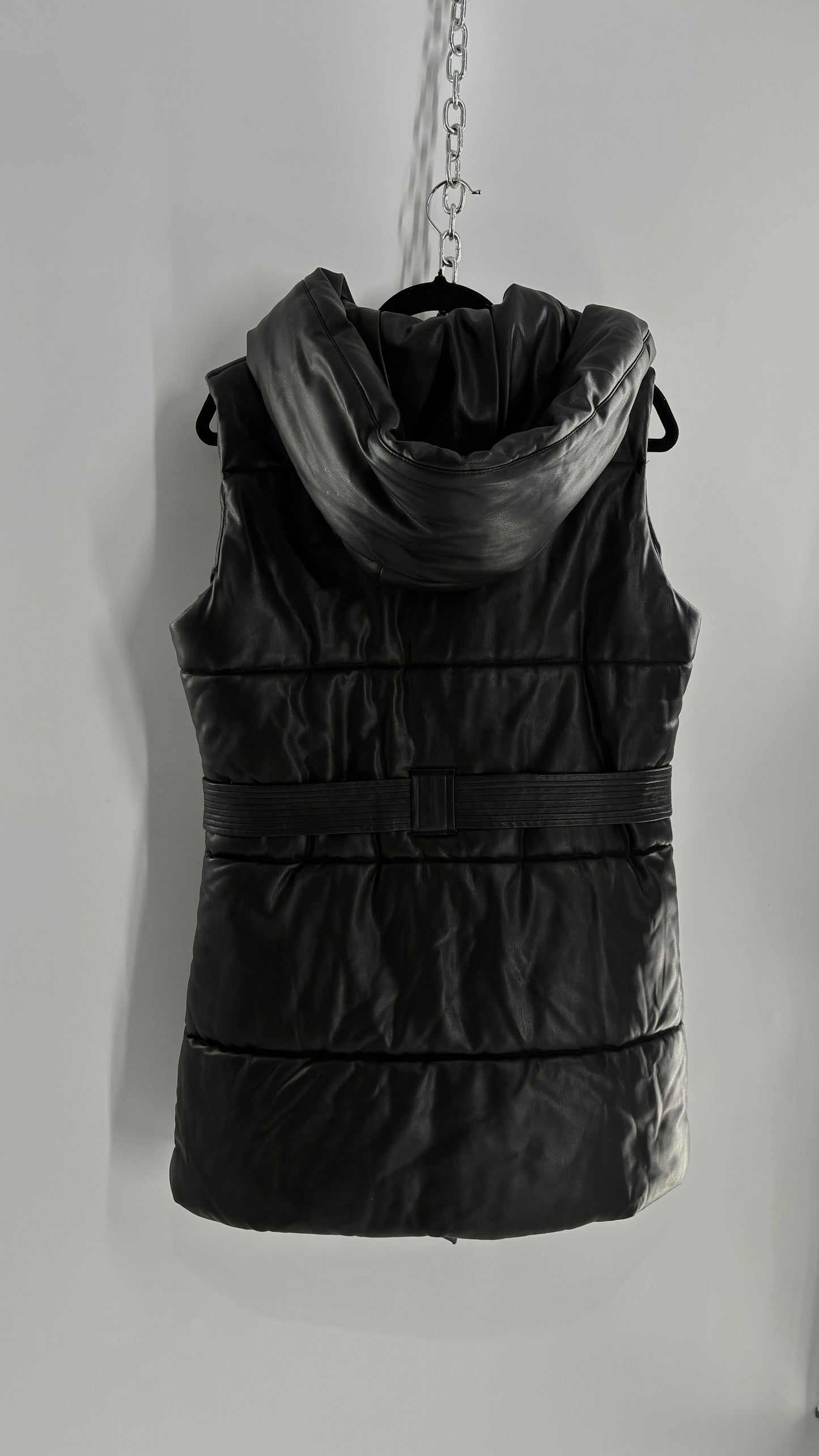 River Island Black Vegan Leather Puffer Style Sleeveless Vest (Small)