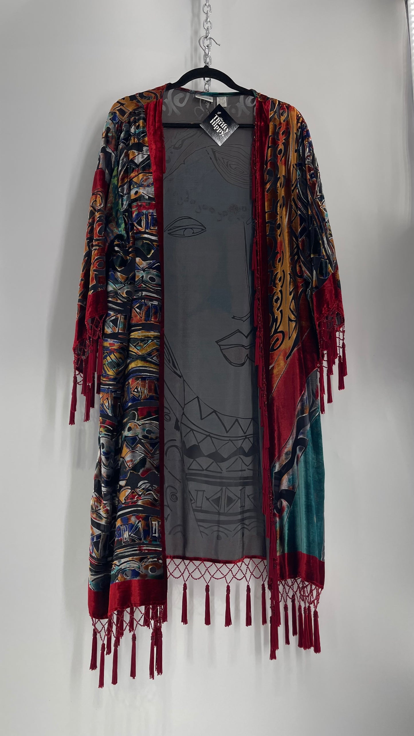 Vintage Burnout Buddhist Motif Velvet/Velour Beaded Fringe Duster Coat/Kimono with Tassel Sleeves and Hems (M/L)