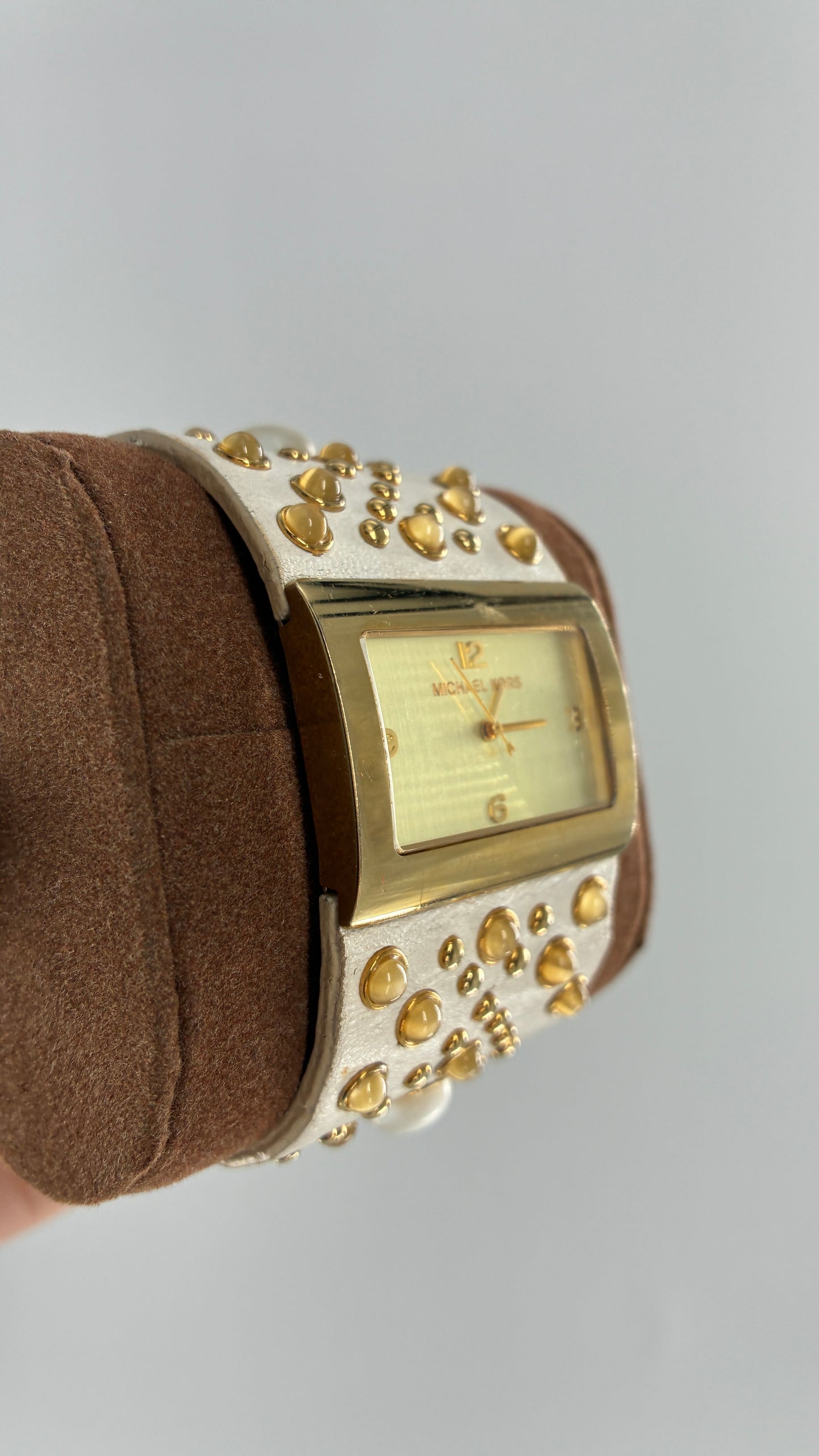Deadstock Vintage Michael Kors White Leather Studded Cuff Watch