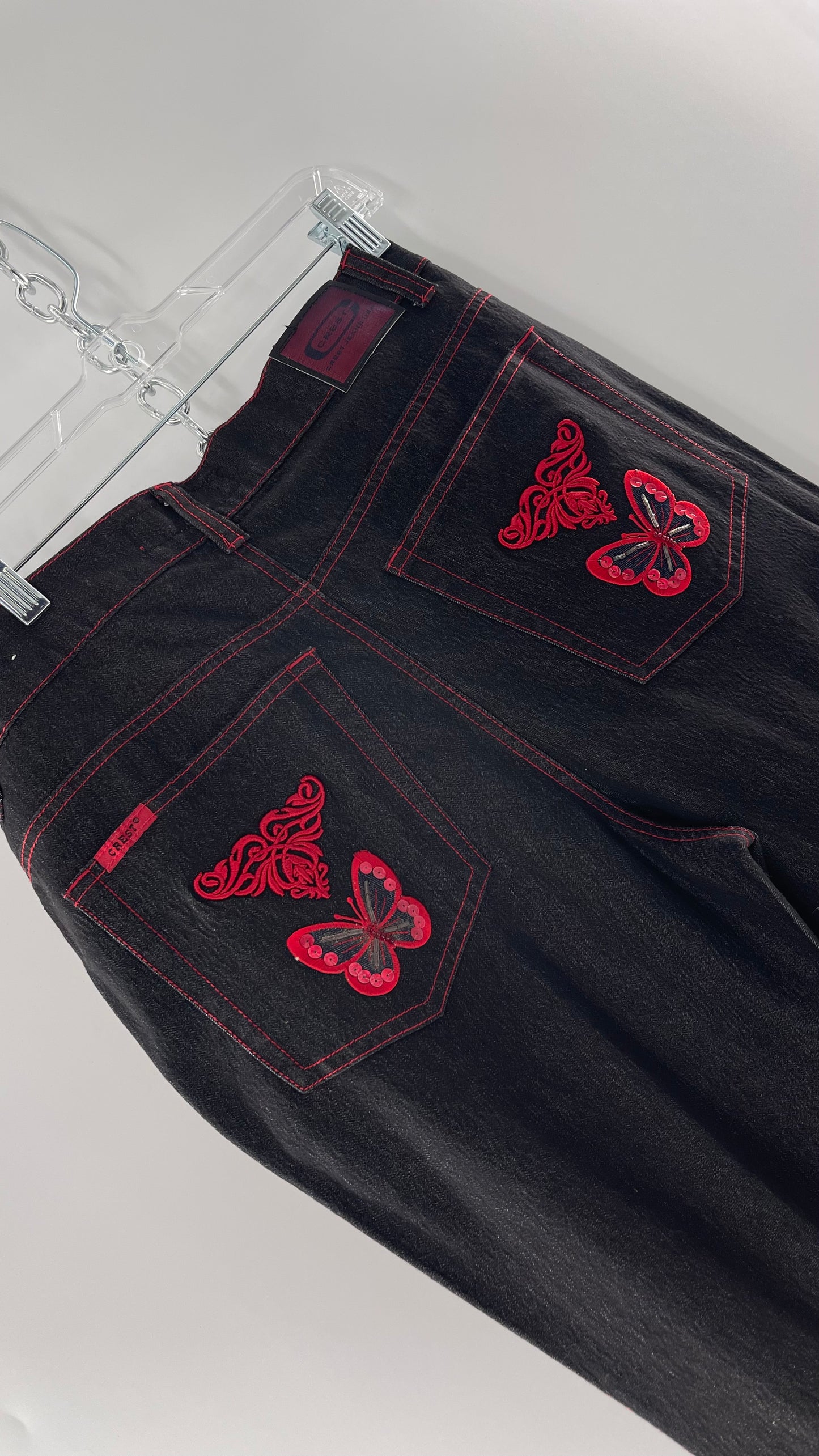 Rare Vintage Black Crest Jeans with Red Contrast Stitching and Butterfly Embroidery on Thigh and Back Pockets (14)