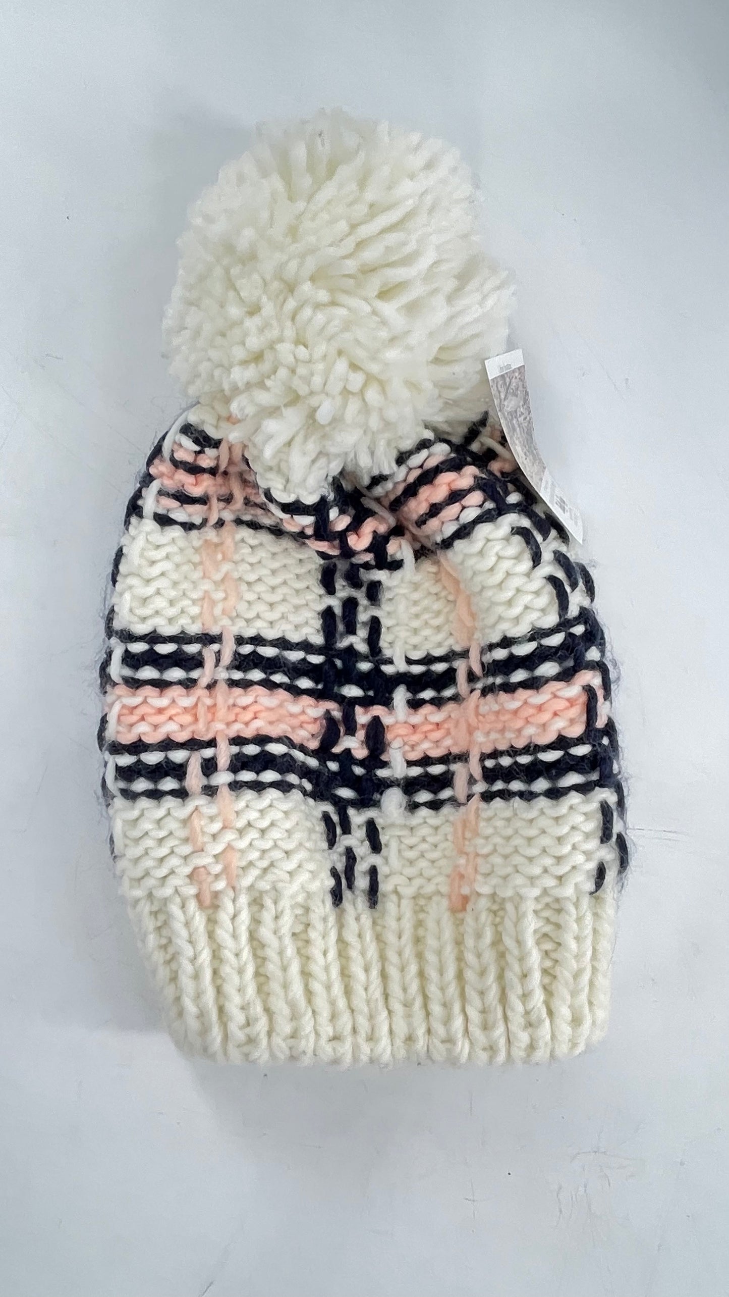 Pink Navy Plaid Patterned White Knit Beanie with Pom