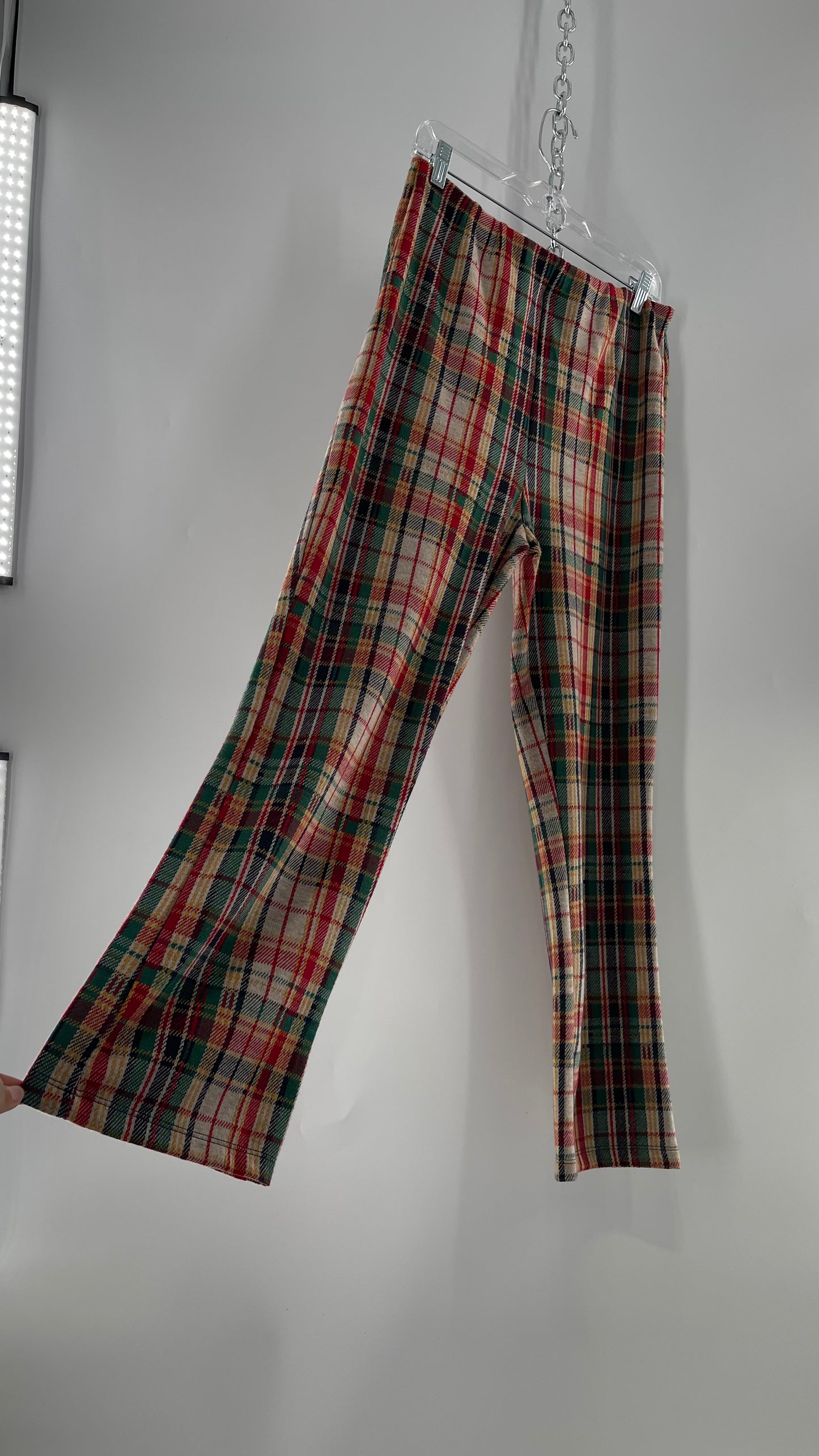 Free People Red\Green Plaid Knit Straight Leg Pants with Elastic Waist ( L)
