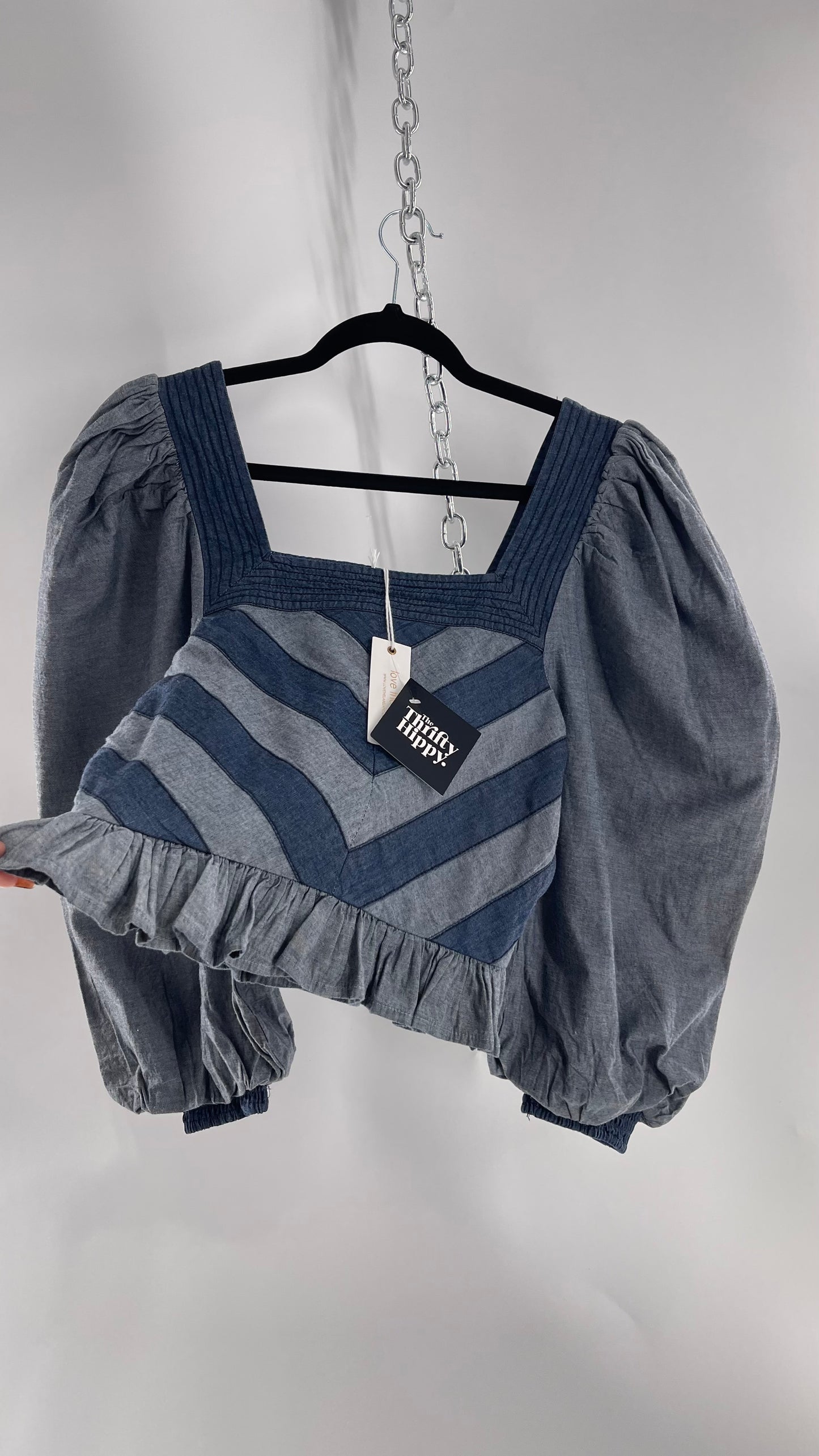 Love the Label ANTHROPOLOGIE Chambray, Chevron, Denim Smocked Blouse with Dramatic Sleeves and Tags Attached (Small)