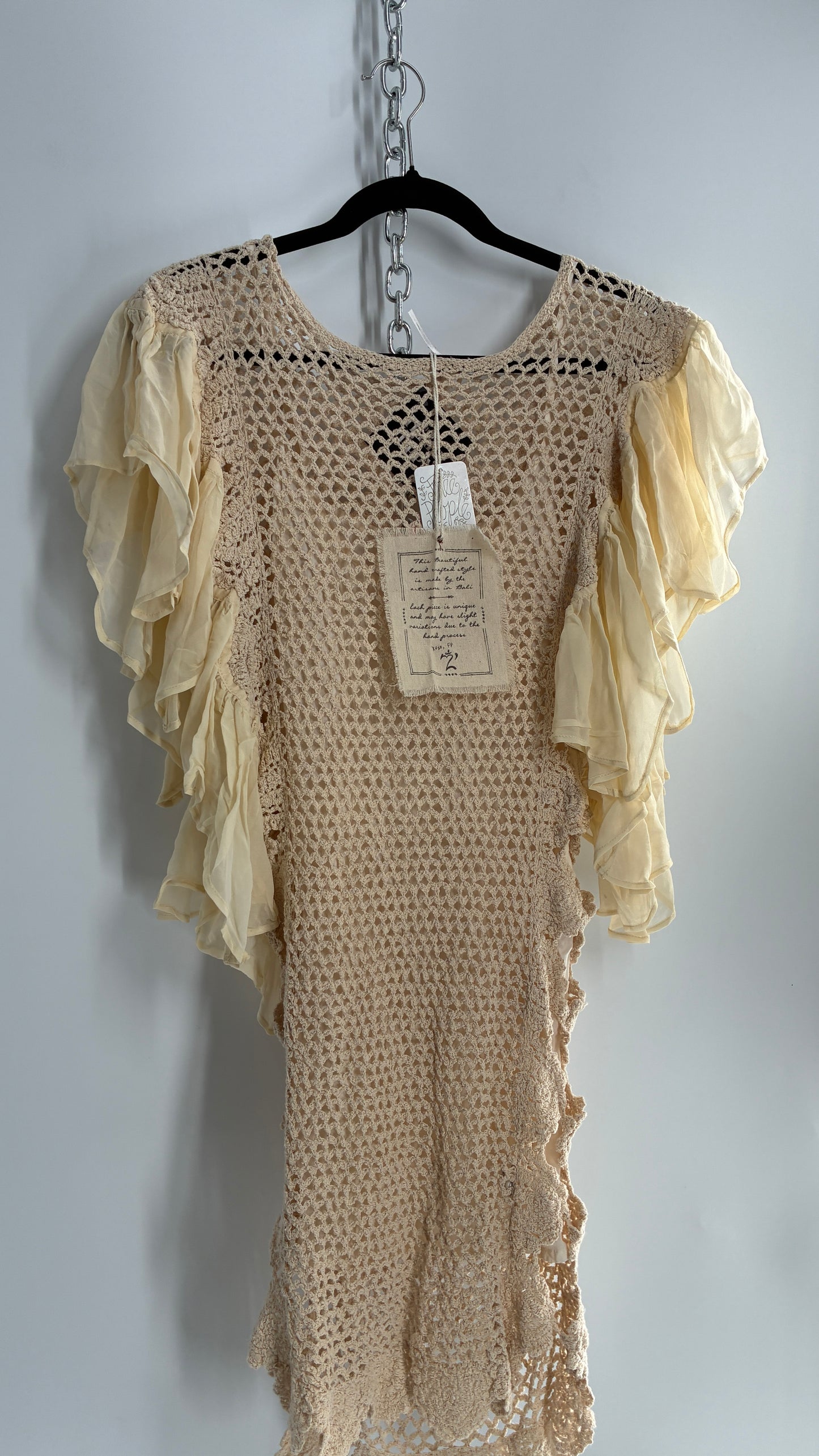 Free People Crochet Scalloped Open Side Dress with Ruffled Sleeve Details (S)