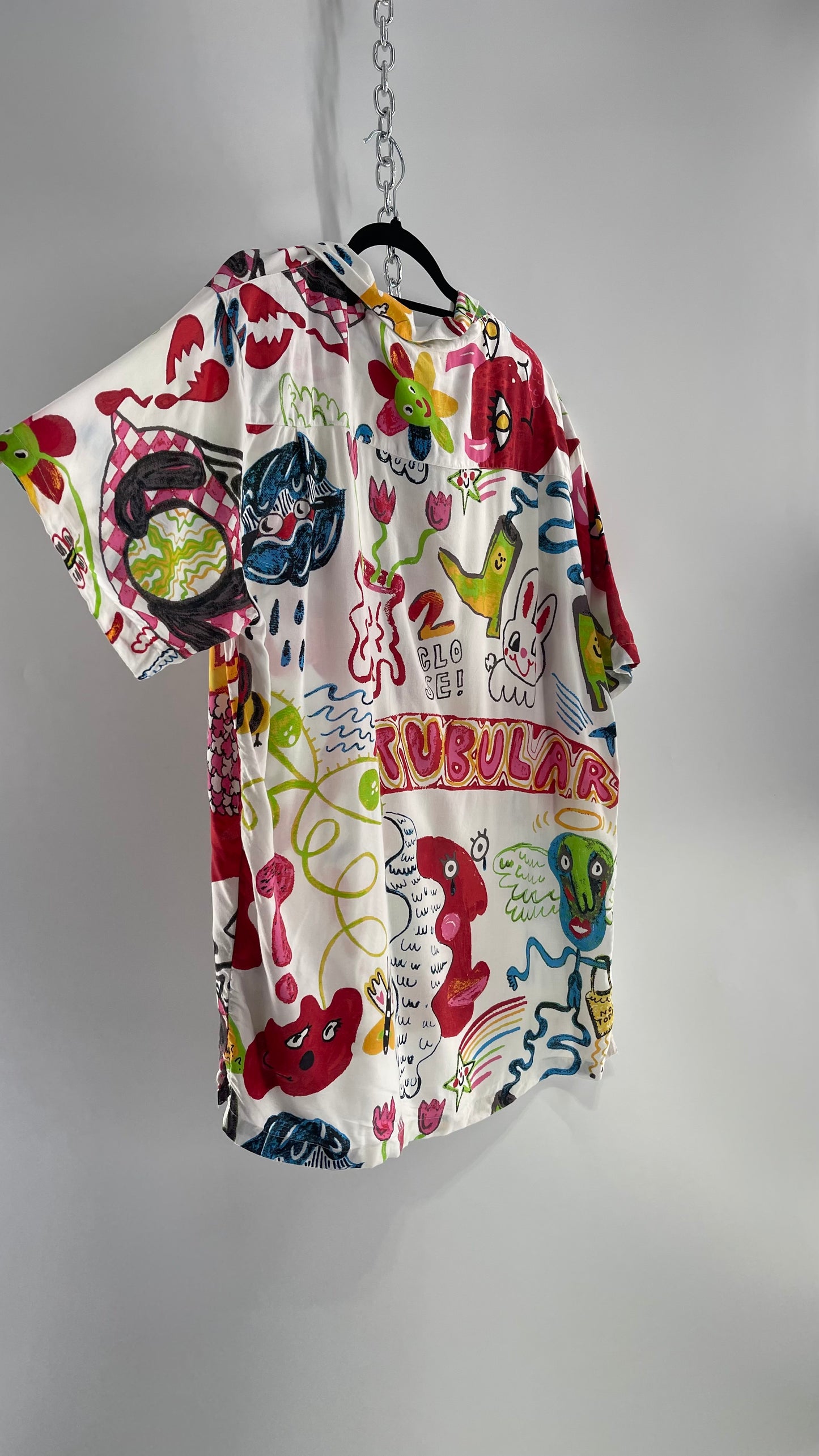 Urban Outfitters Happy Days Colorful Doodle Button Up (Large)