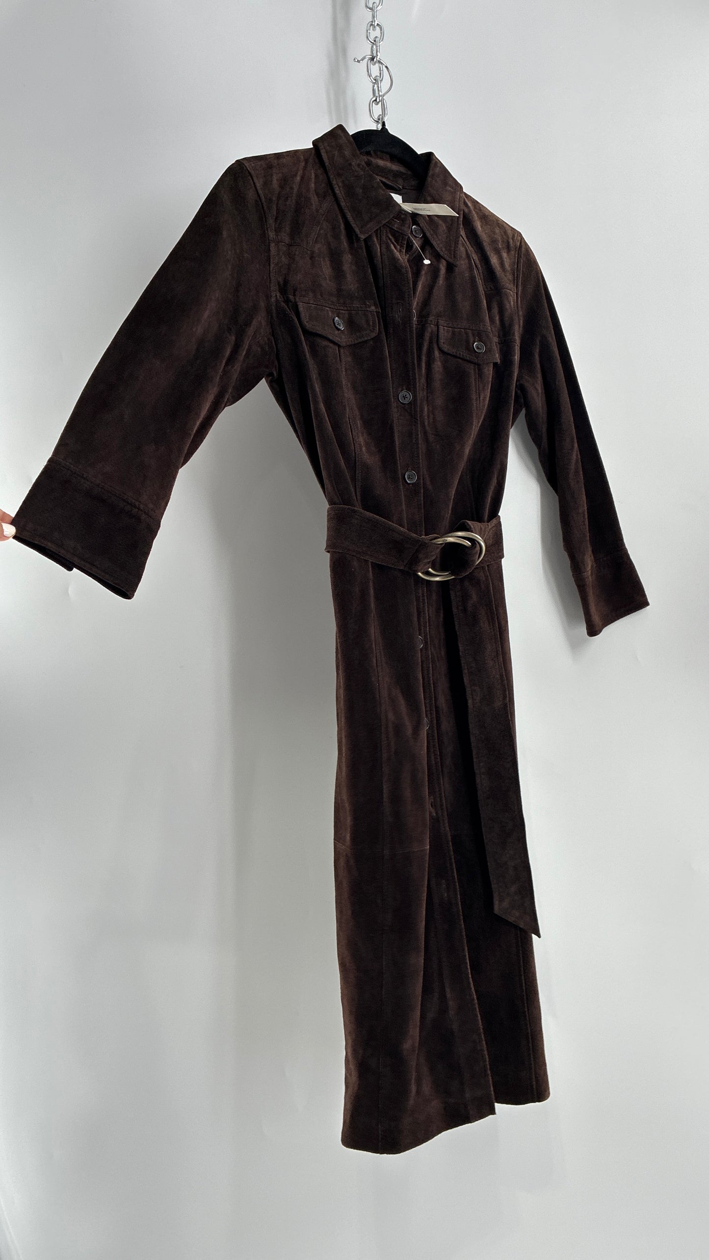 Vintage LOFT Brown Suede Leather Button Front, Belted Midi Dress with Tags Attached (4)