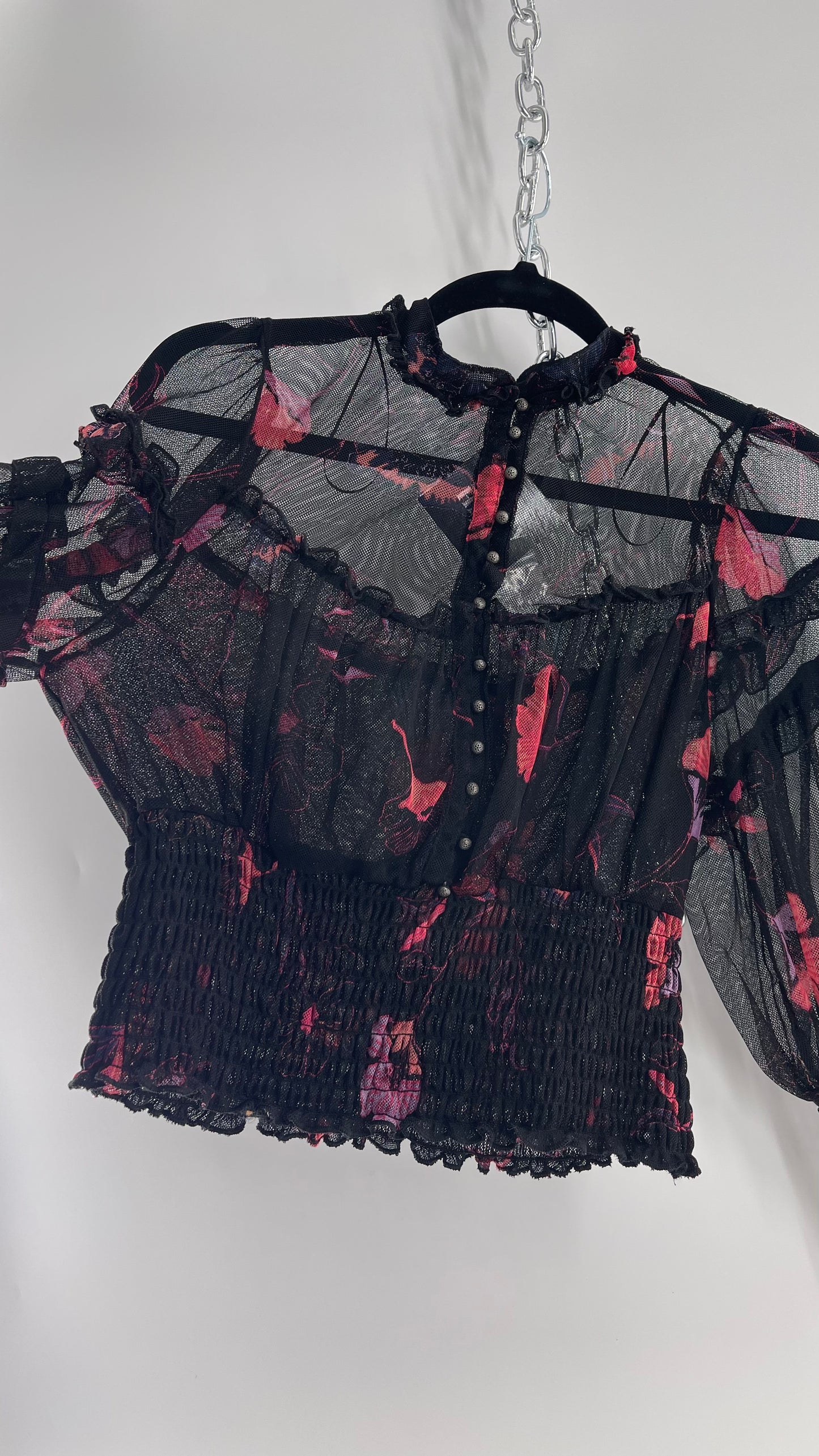 Free People Black Mesh Top with Smocked Waist, Buttoning and Contrasting Florals (Medium)
