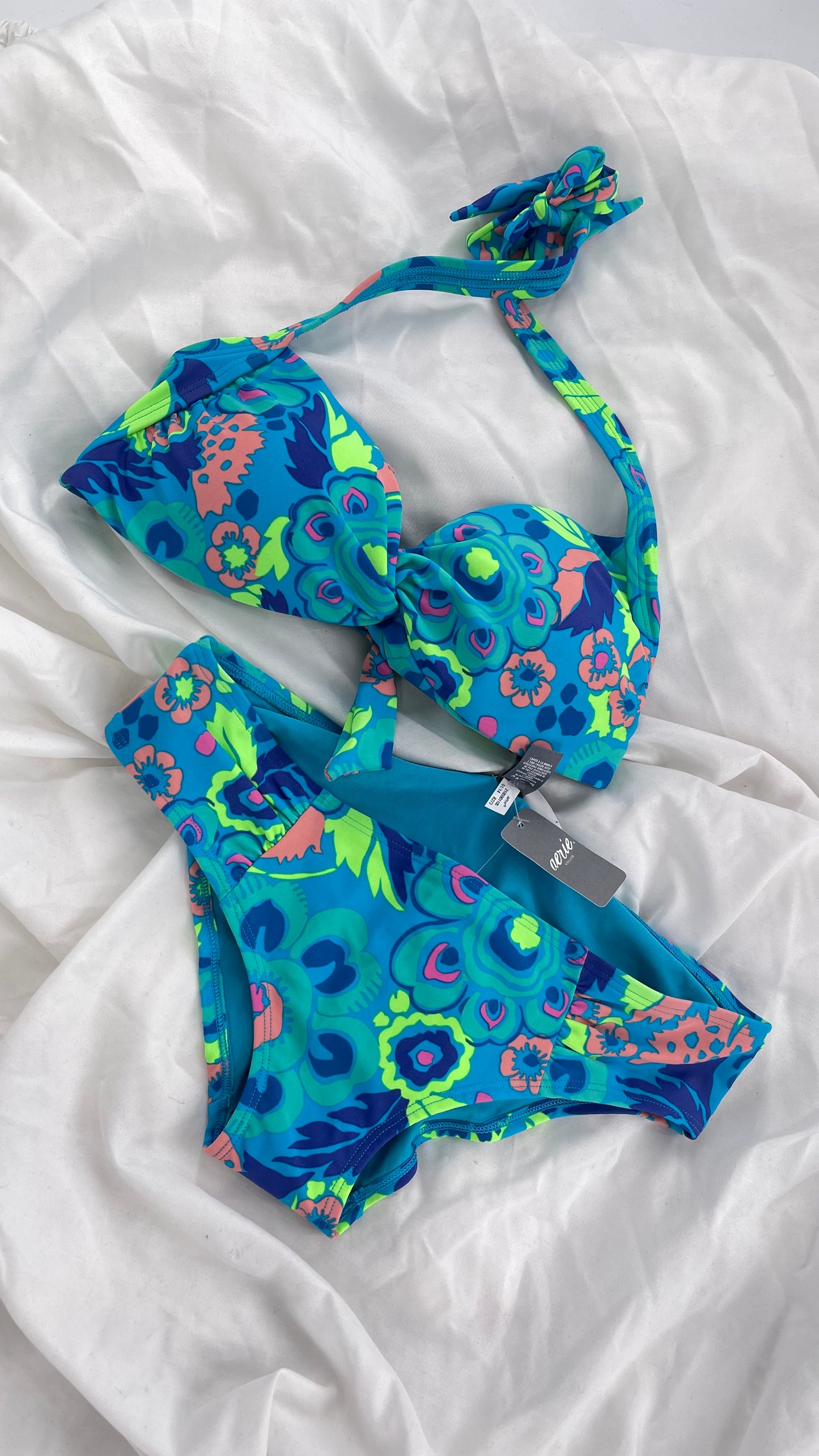 AERIE Blue Paisley Swim Set with Tags Attached (M Top S Bottoms)
