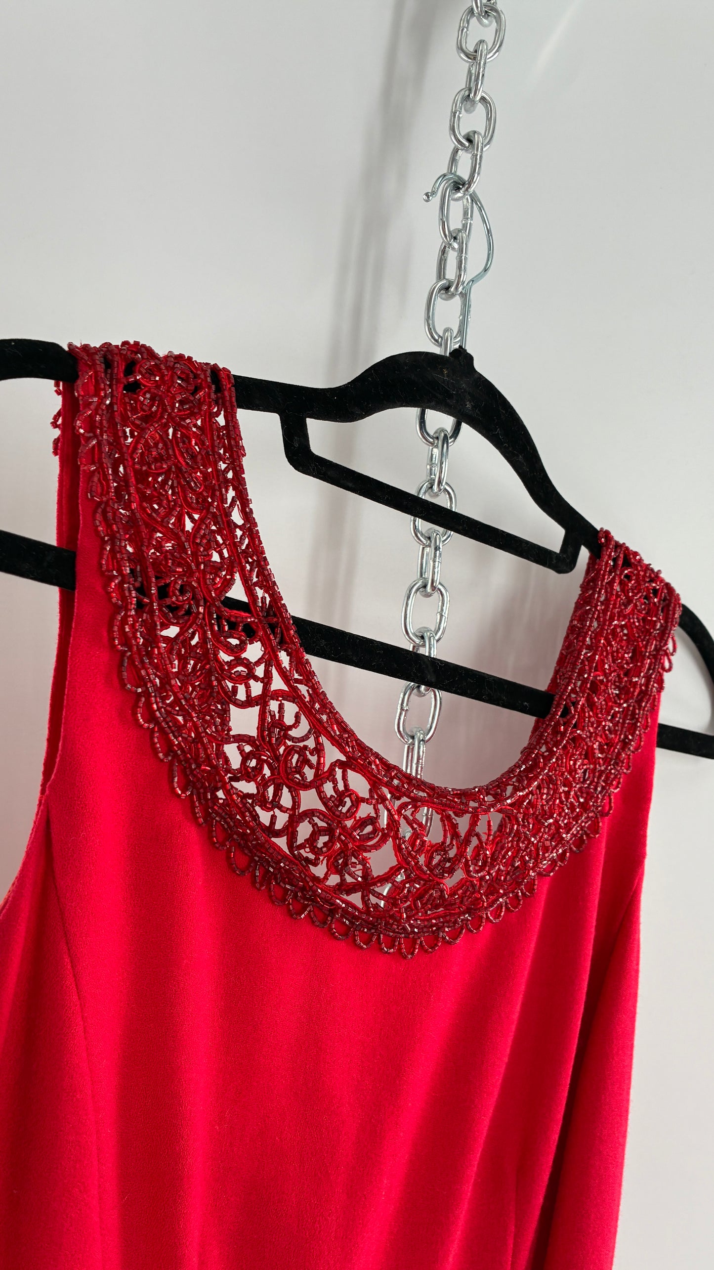 Vintage CARMEN MARC VALVO Red 100% Fitted, Tailored Wool Dress with Beaded Hem and Neckline (6)