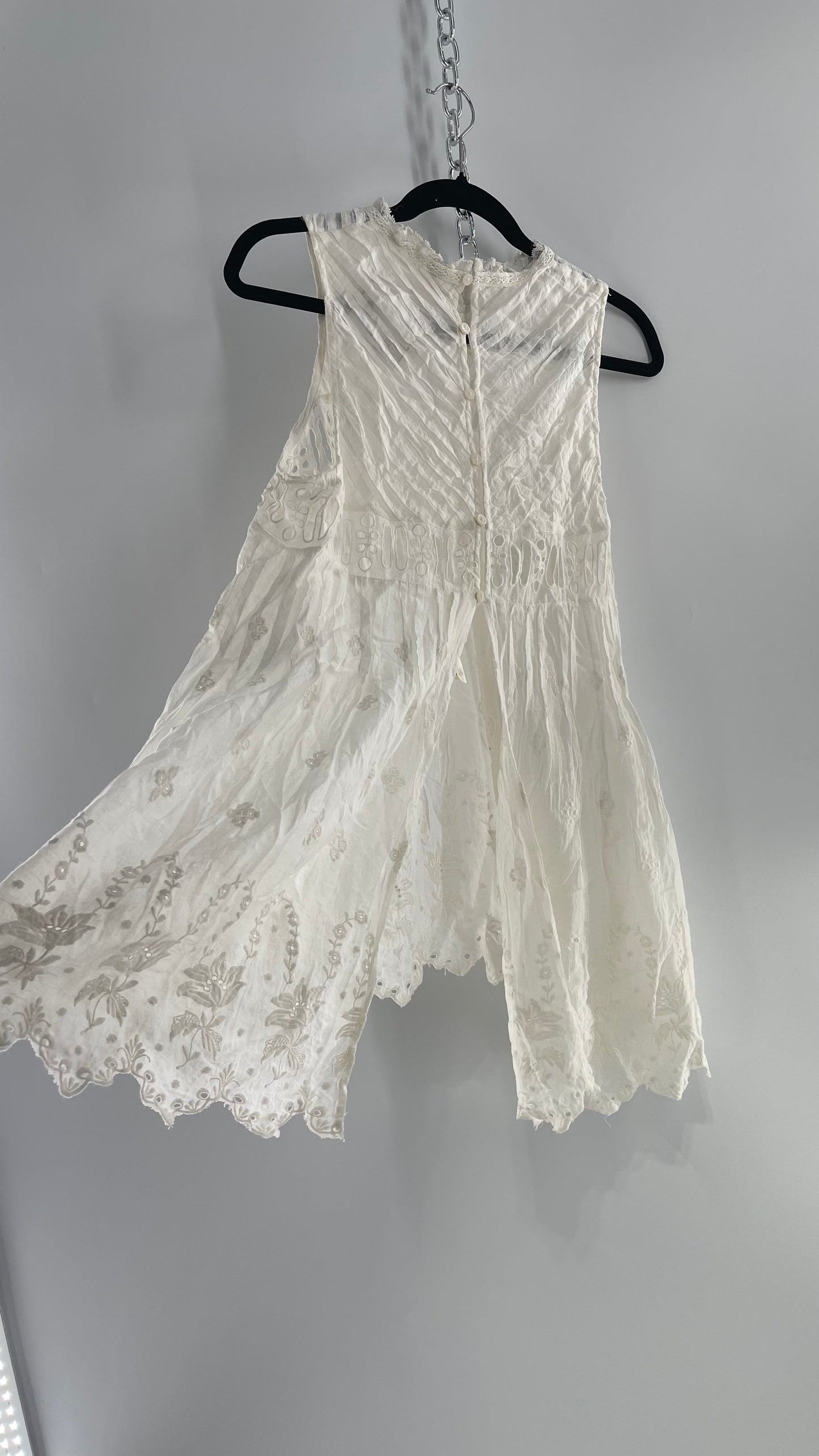 Free People White Cotton Eyelet Embroidered Lace Tank with Pleating, Buttoned and Slit Back (Small)