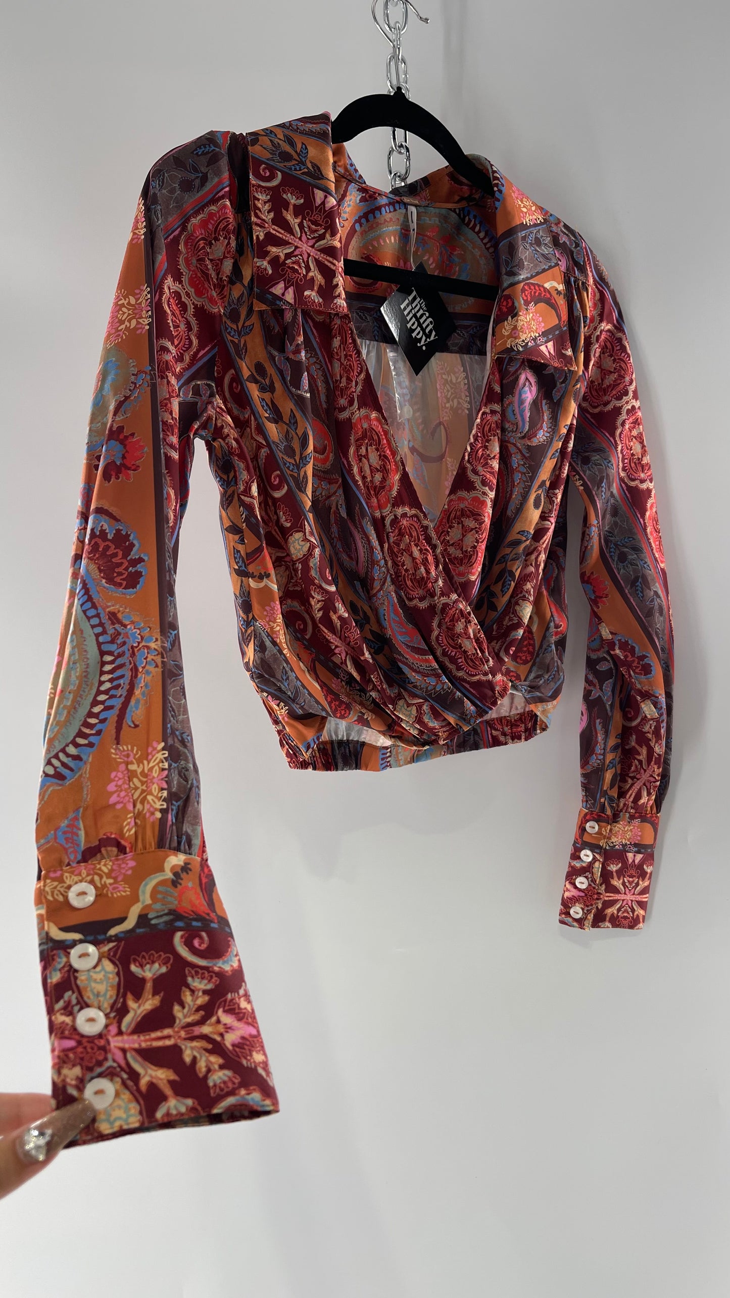 Free People Paisley Patterned Warm Toned Cross Front Collared Cropped Blouse with Buttoned Cuffs (XS)