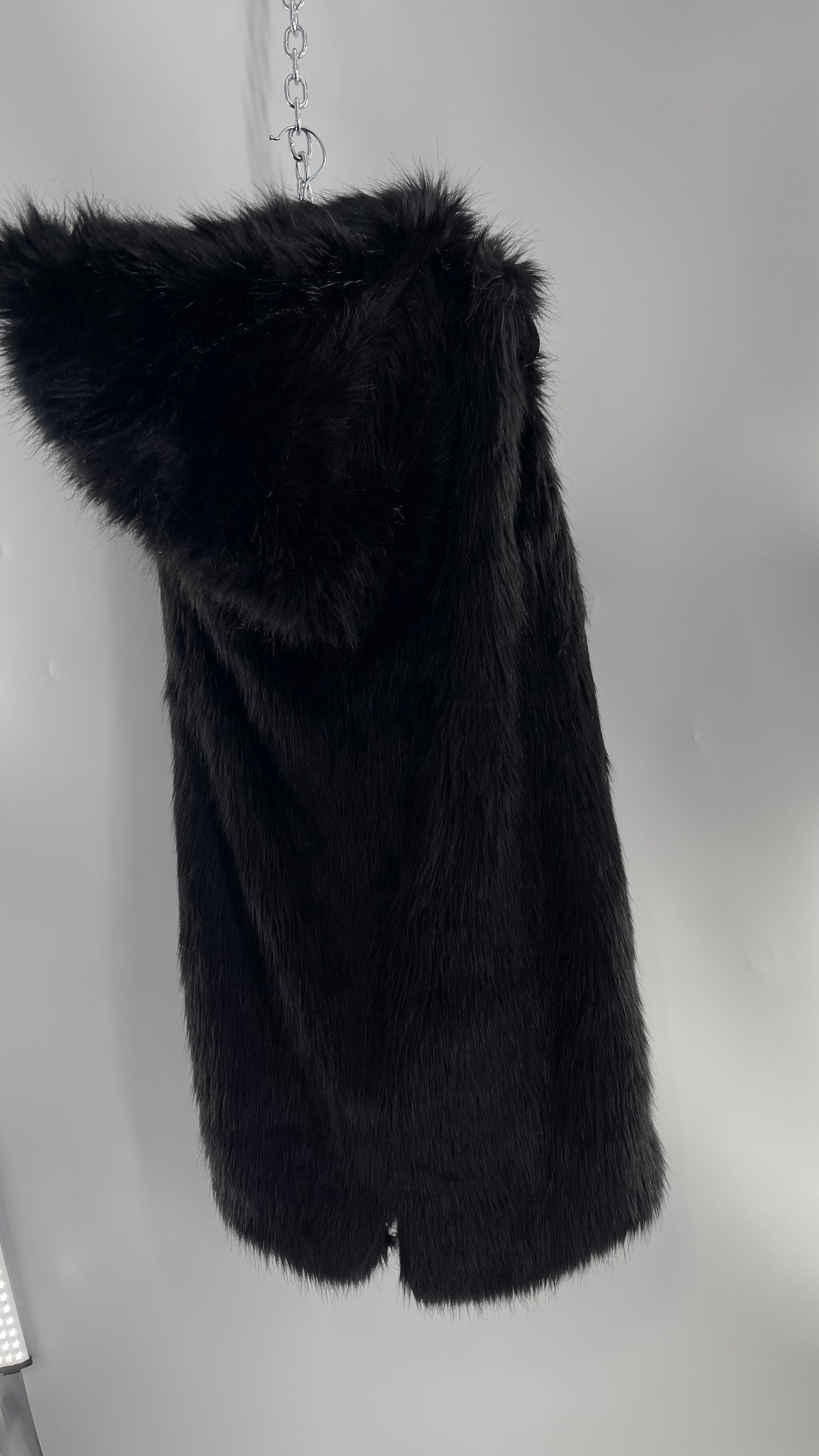 Full Length Black Fuzzy Sleeveless Vest with Oversized Hood (Medium)