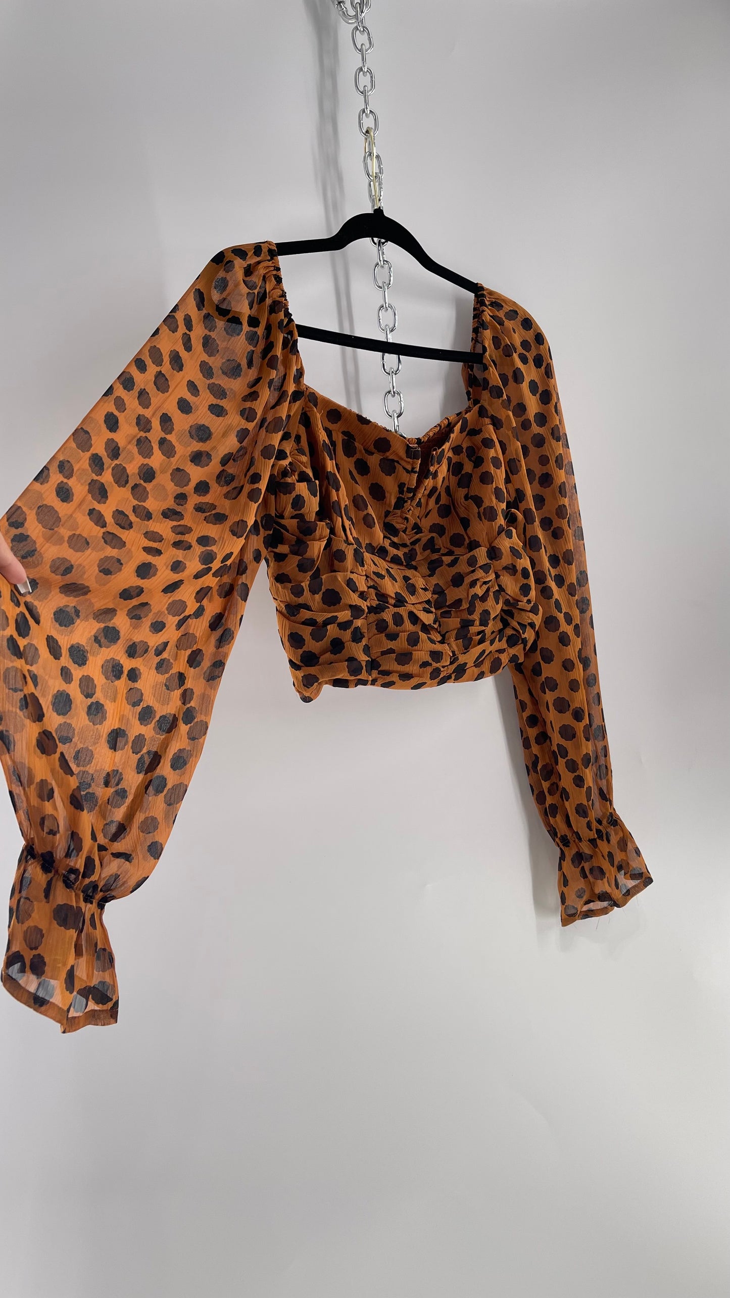Free People Brown Black Animal Print Blouse with Ruched Bodice and Tags Attached (Large)