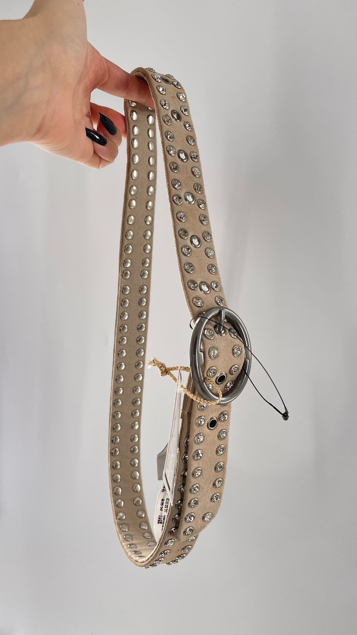 Free People Beige Leather Canvas Studded Rhinestone Crystal Studded Belt with Heavy Metal Buckle (S/M)