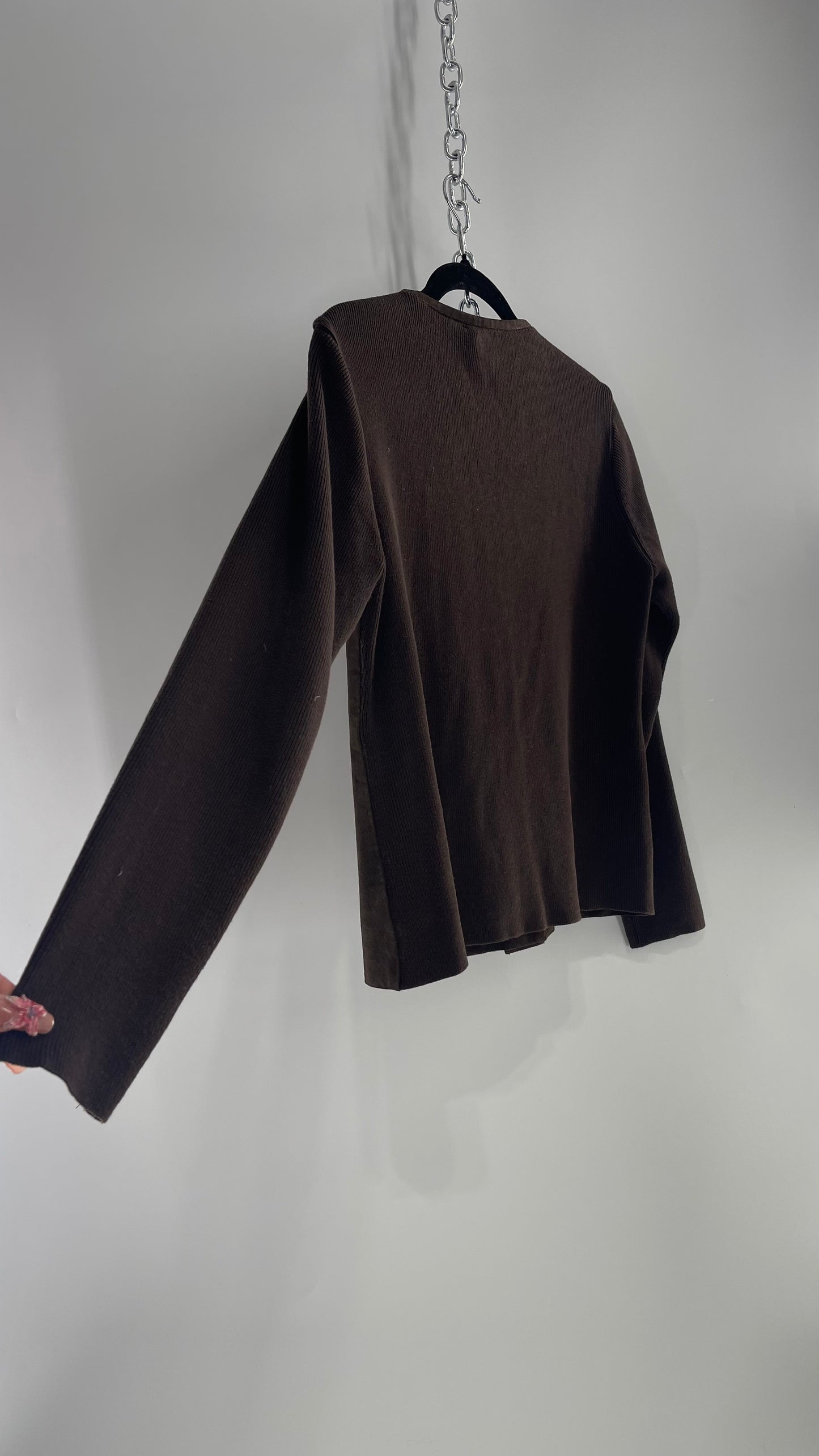 ESCAPADE Vintage 1990s Dark Brown Suede Vest with Knit Sleeves and Embroidered Flowers (Large)