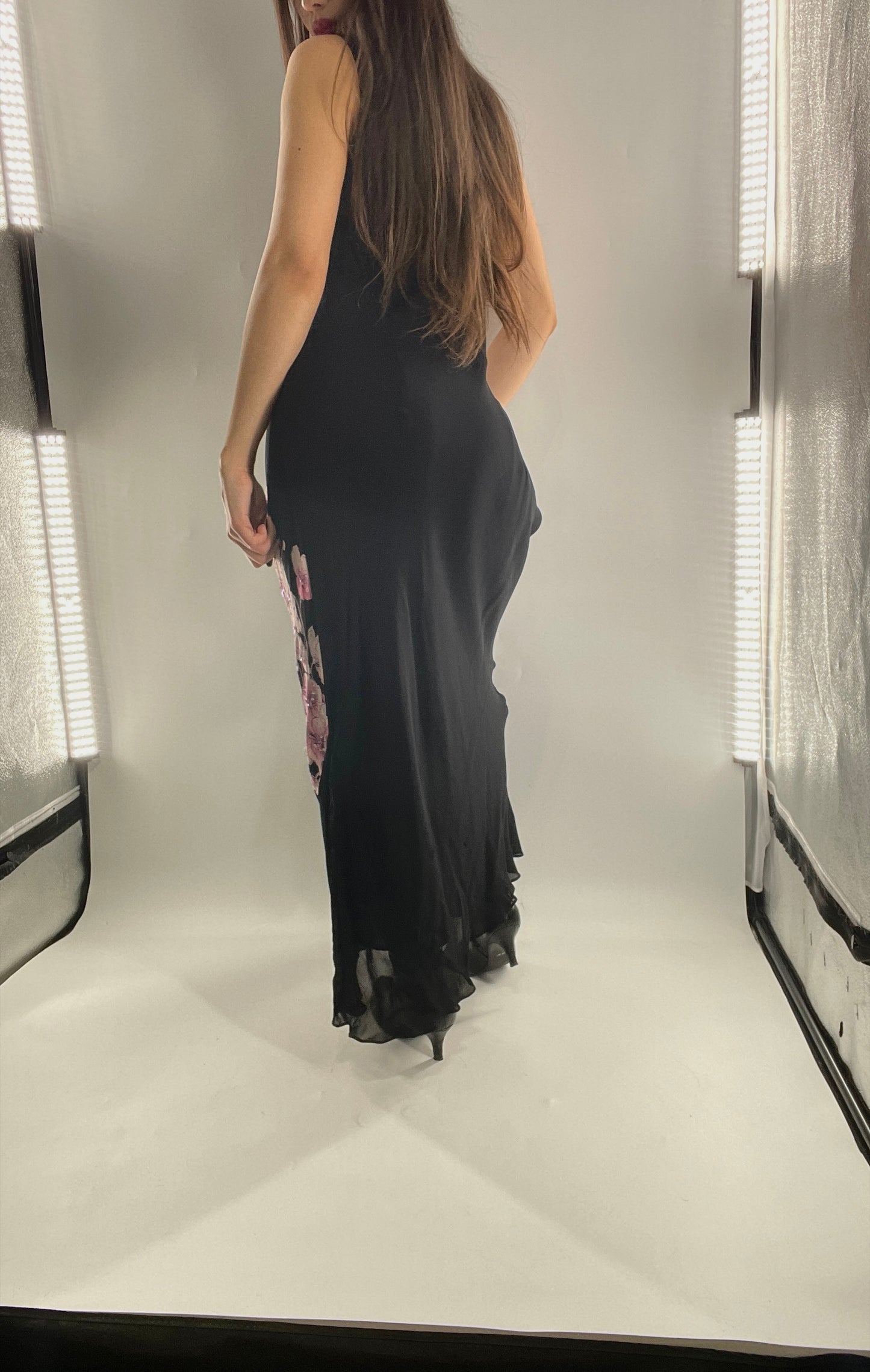 Vintage Dress Barn Black Slinky Maxi Dress with Pink Floral Graphic and Sequins (L)
