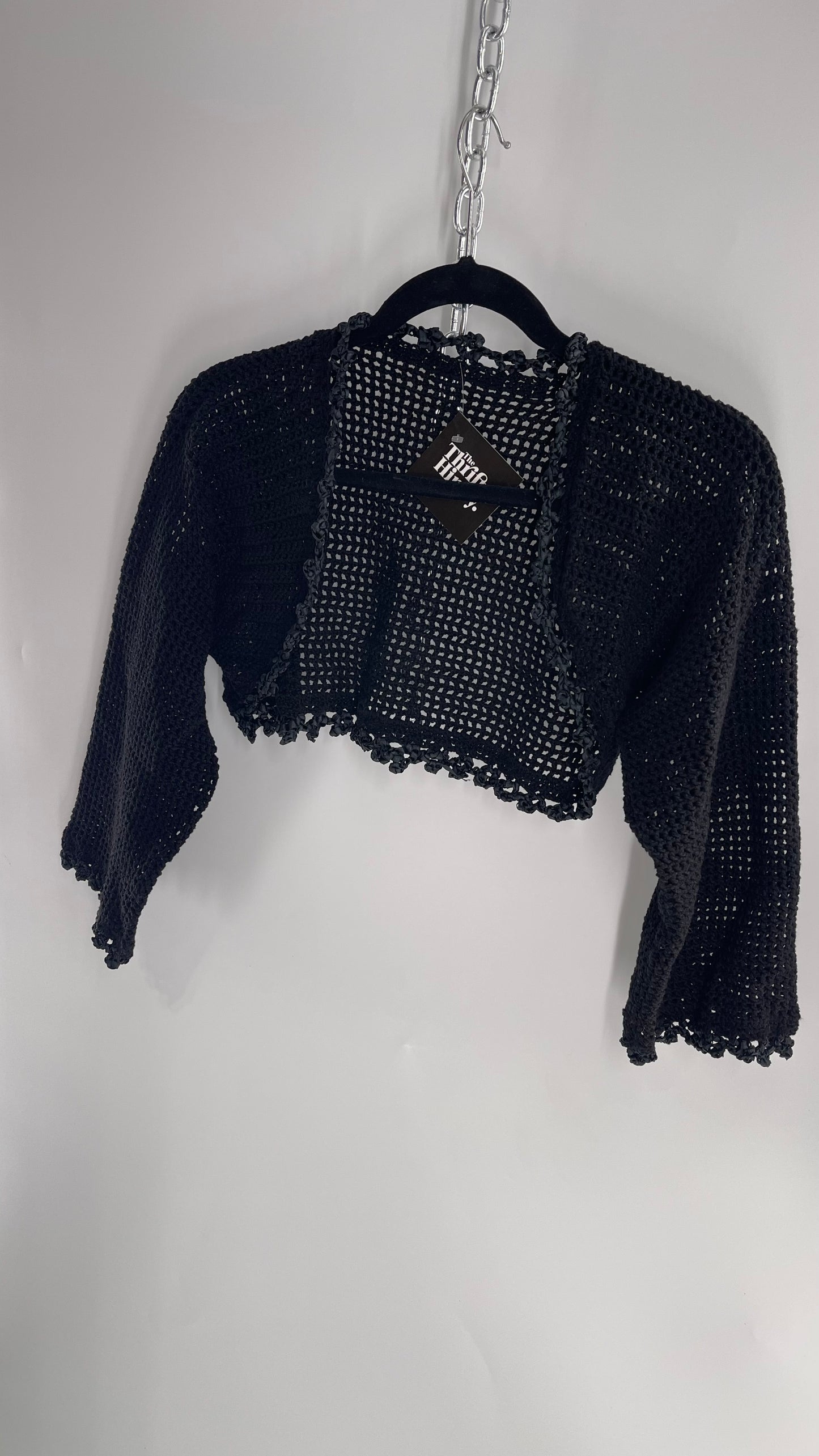 Vintage Black Hand Knit Crochet Shrug with Ribbon Detailing (Medium)