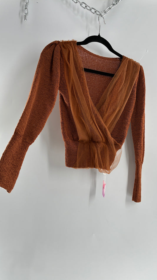 CHICWISH Brown Heavy Knit Balloon Sleeve, Tulle Ruched Details, and Tags Attached (Small)