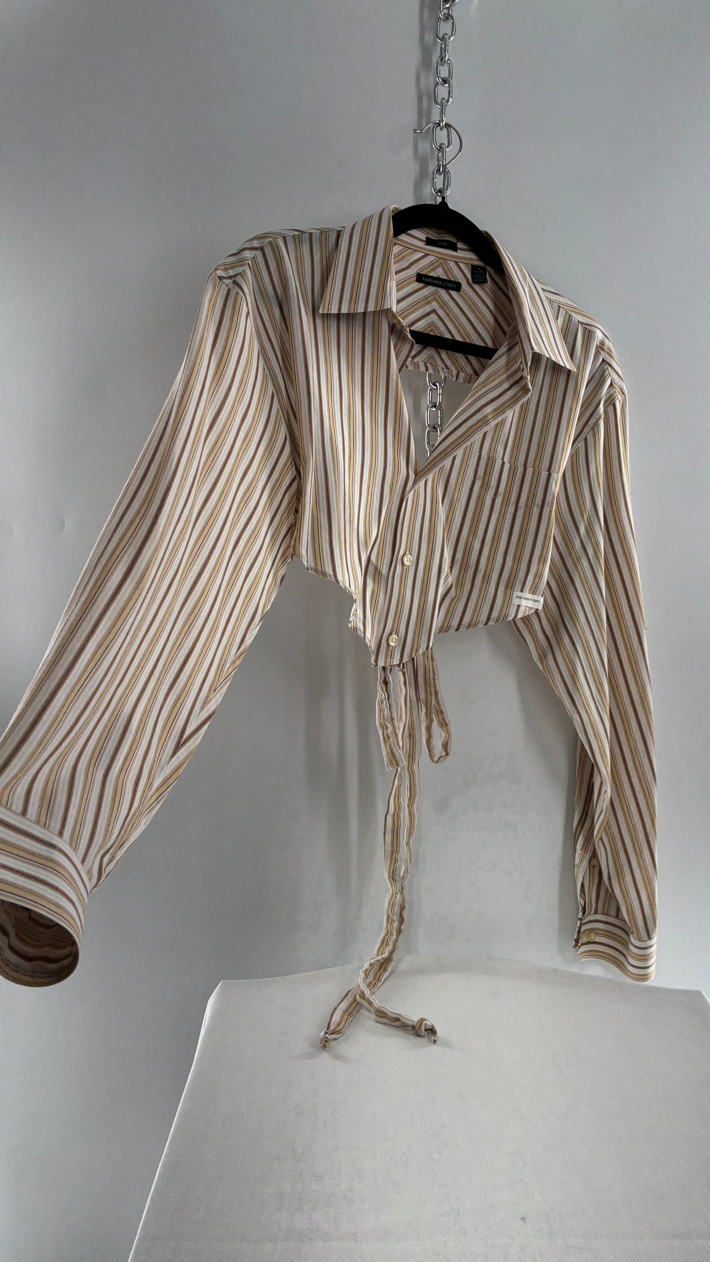Vintage VAN HEUSEN Reworked Button Front Backless Mustard Yellow, Brown Striped Blouse (One Size)