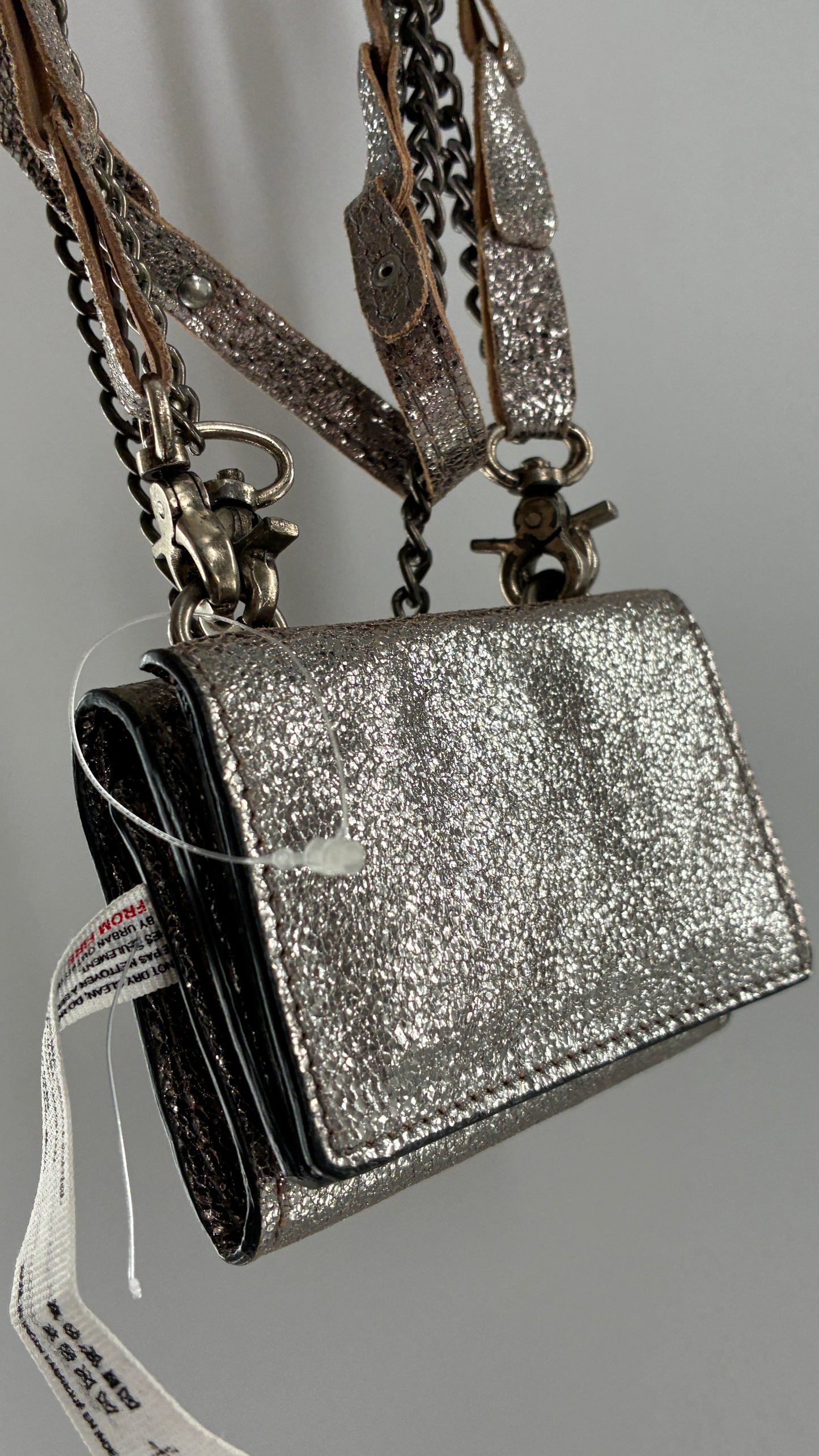 Free People Silver Gun Metal Metallic Goat Leather Wallet with Leather and Chain Straps