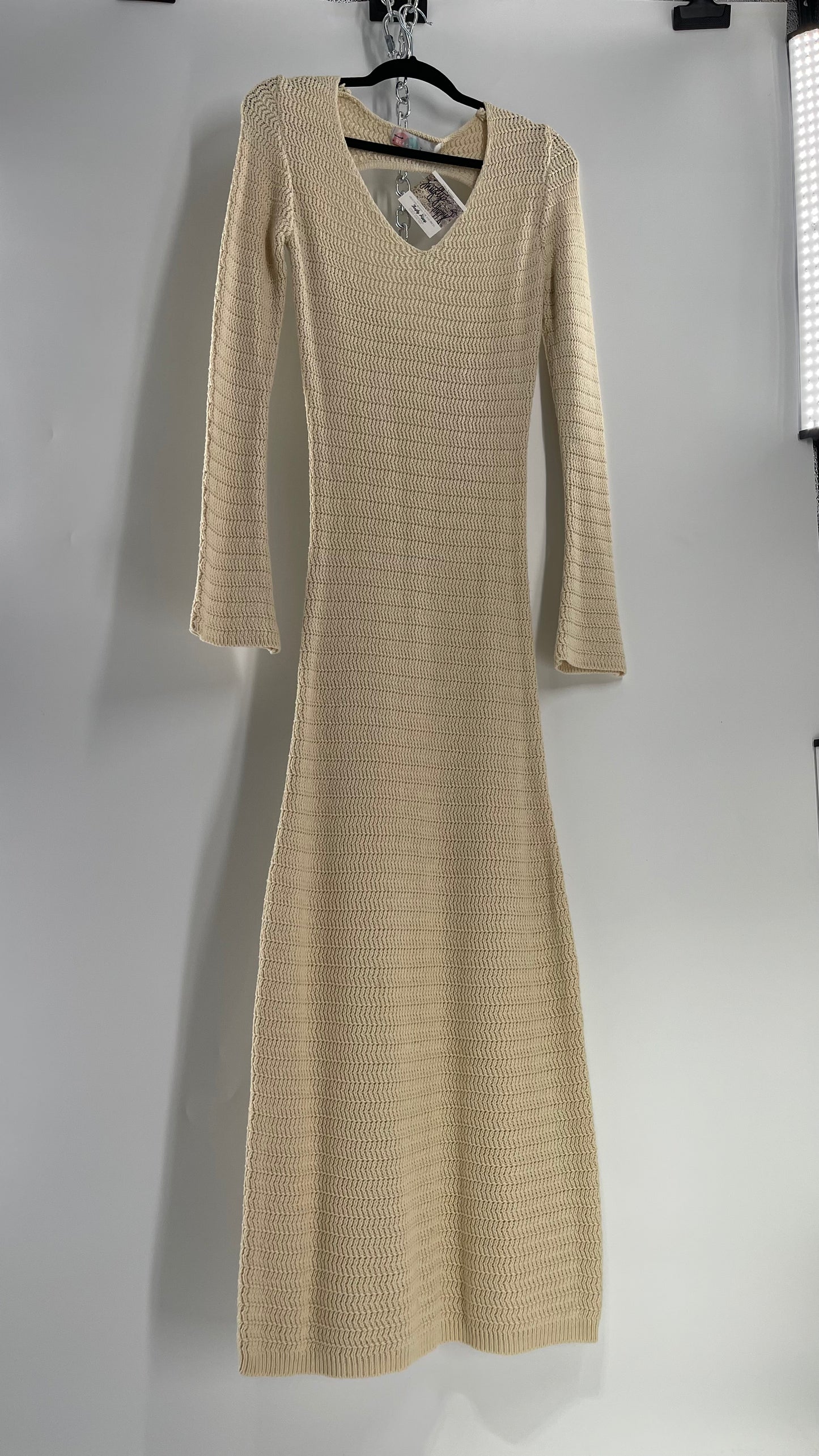 Free People Cozy Cream Knit Open Back Maxi Dress with Slight Bell Sleeve (Large)