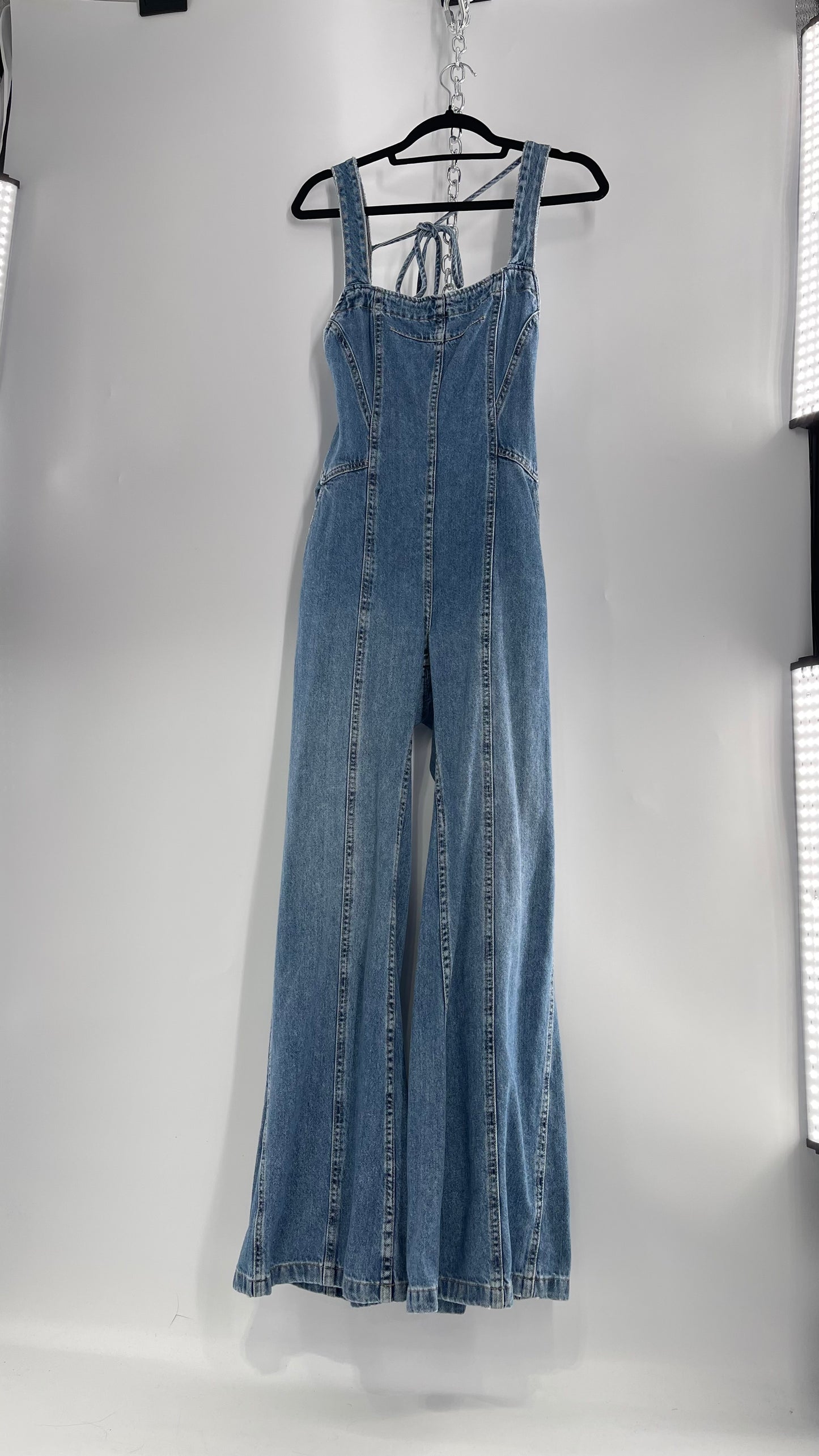 Free People Denim Backless Wide Leg Jumpsuit with Tags Attached (Small)