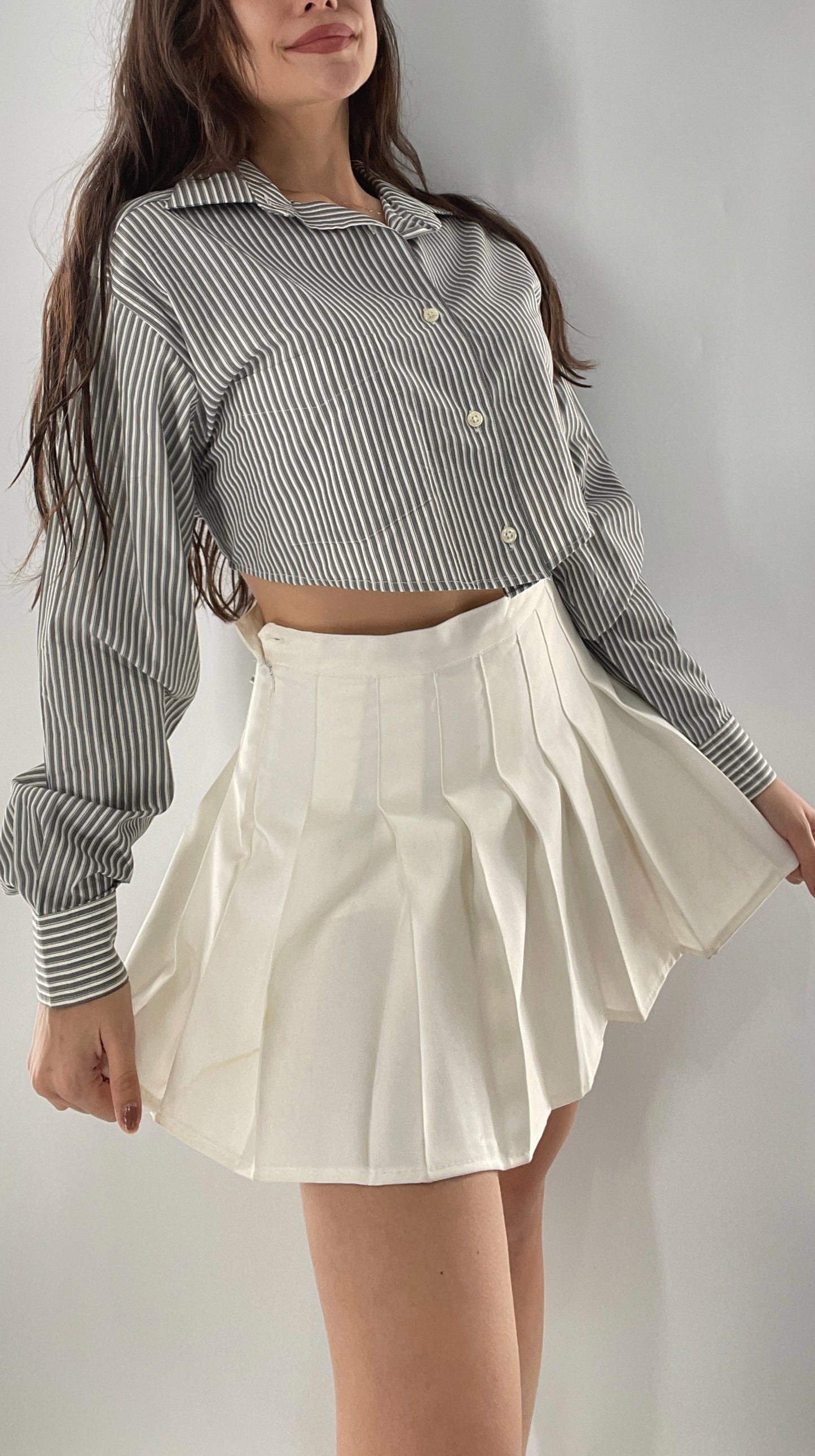 Vintage Reworked Button Front Backless Grey Blue Striped Blouse (One Size)