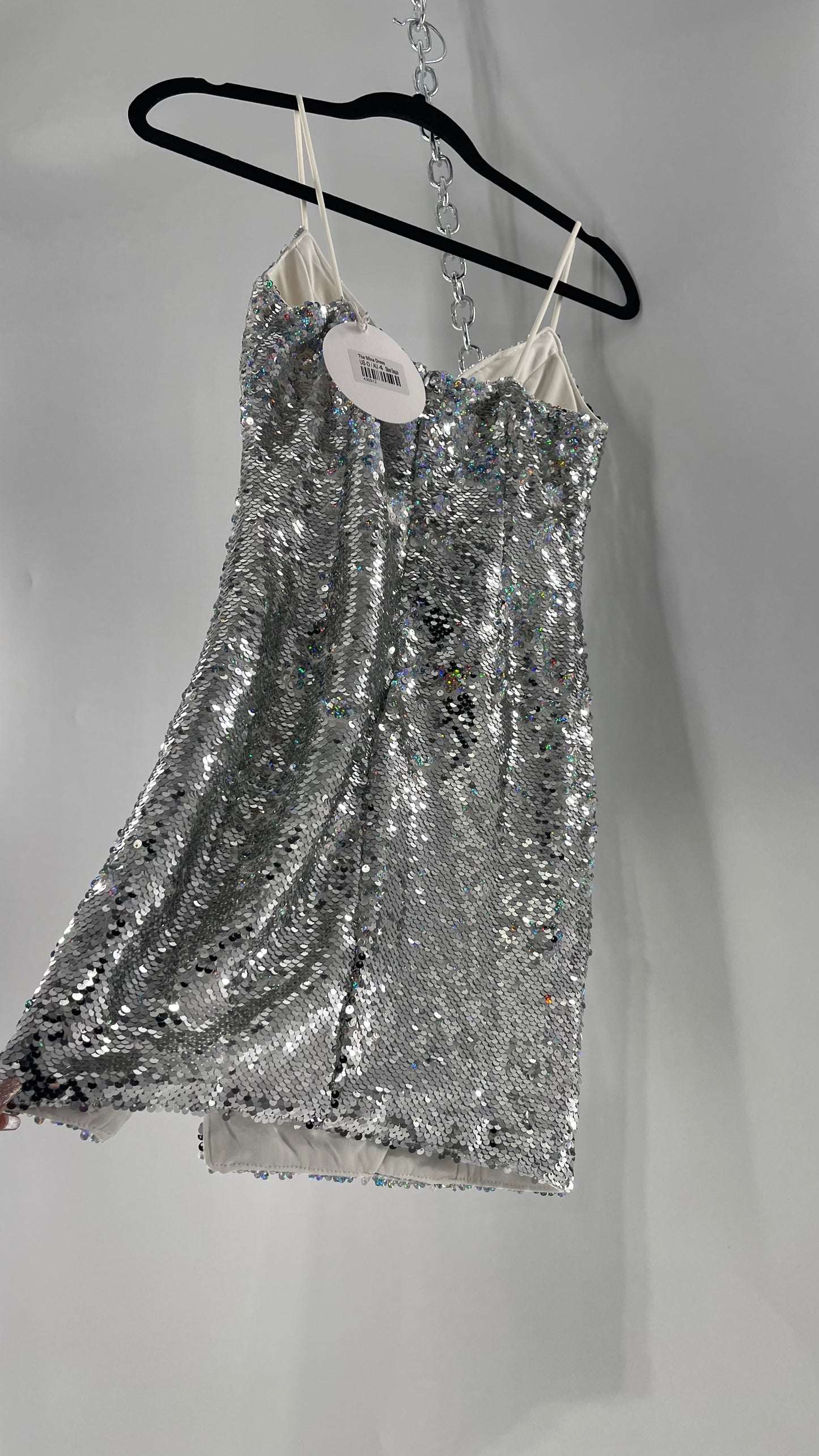 Princess Polly Silver Iridescent Sequin Mini Dress with Triangle Cups and Thigh Slit (0)