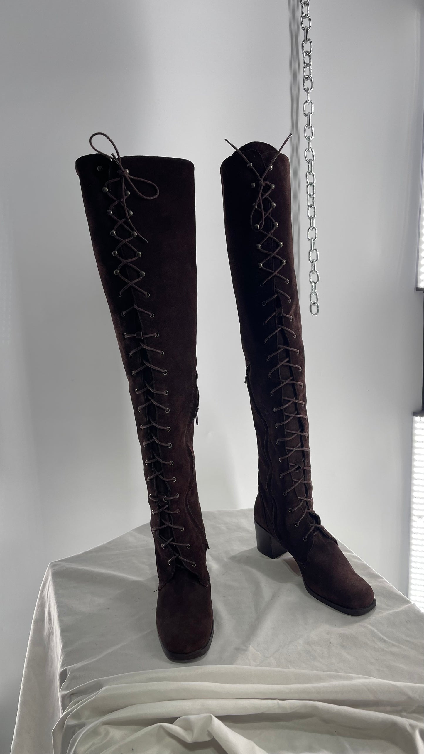 Vintage Kenneth Cole Over the Knee Brown Genuine Suede Leather Combat Boots (8.5)