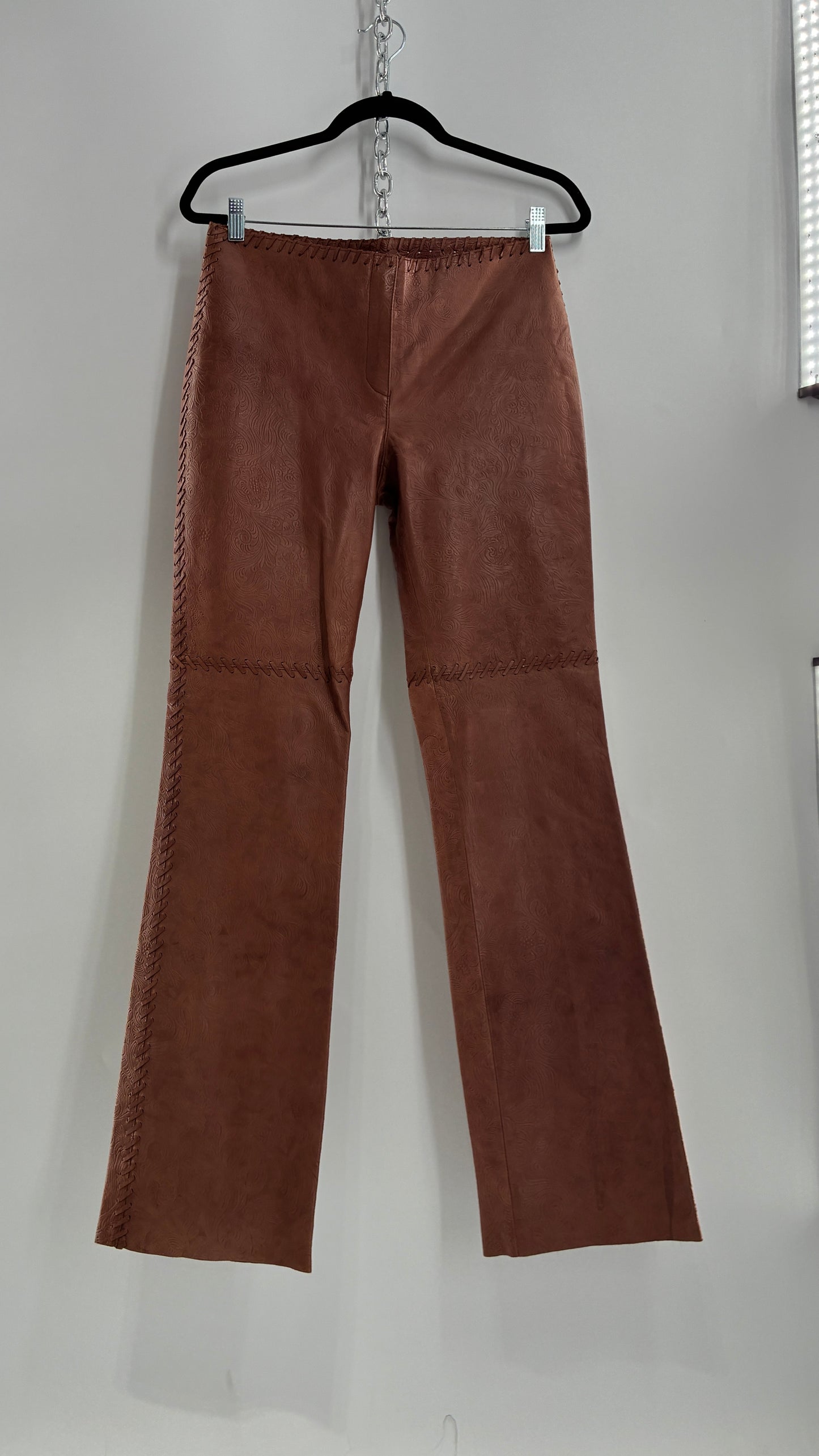 Vintage Embossed Paisley Patterned Genuine Leather Pants with Stitching Details (No Label Unbranded, S)