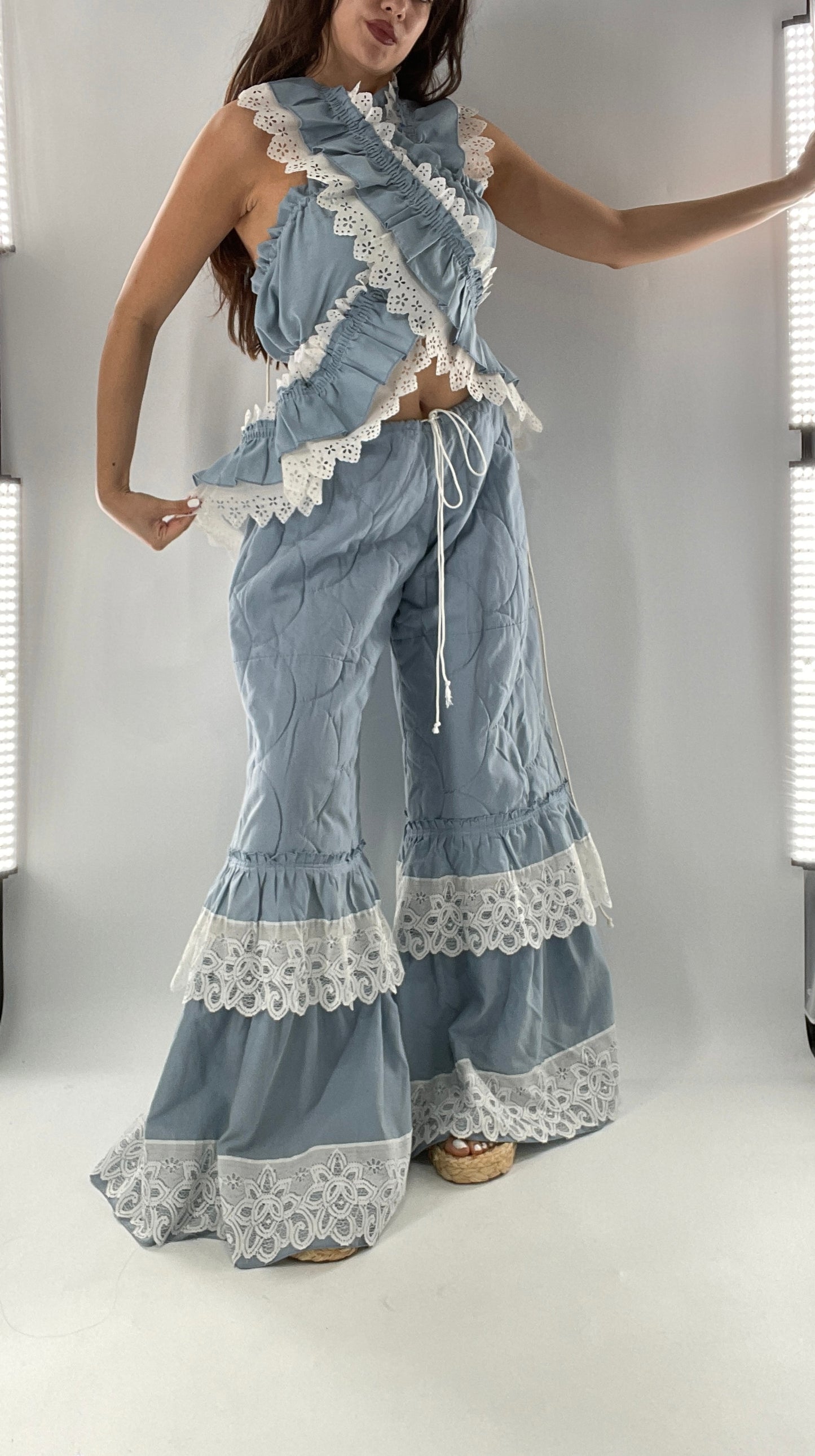 Vintage 2 Piece Powder Blue Set Featuring 2Way Blouse and Quilted Trousers Covered in Ruffles, Lace and Trim (One Size)