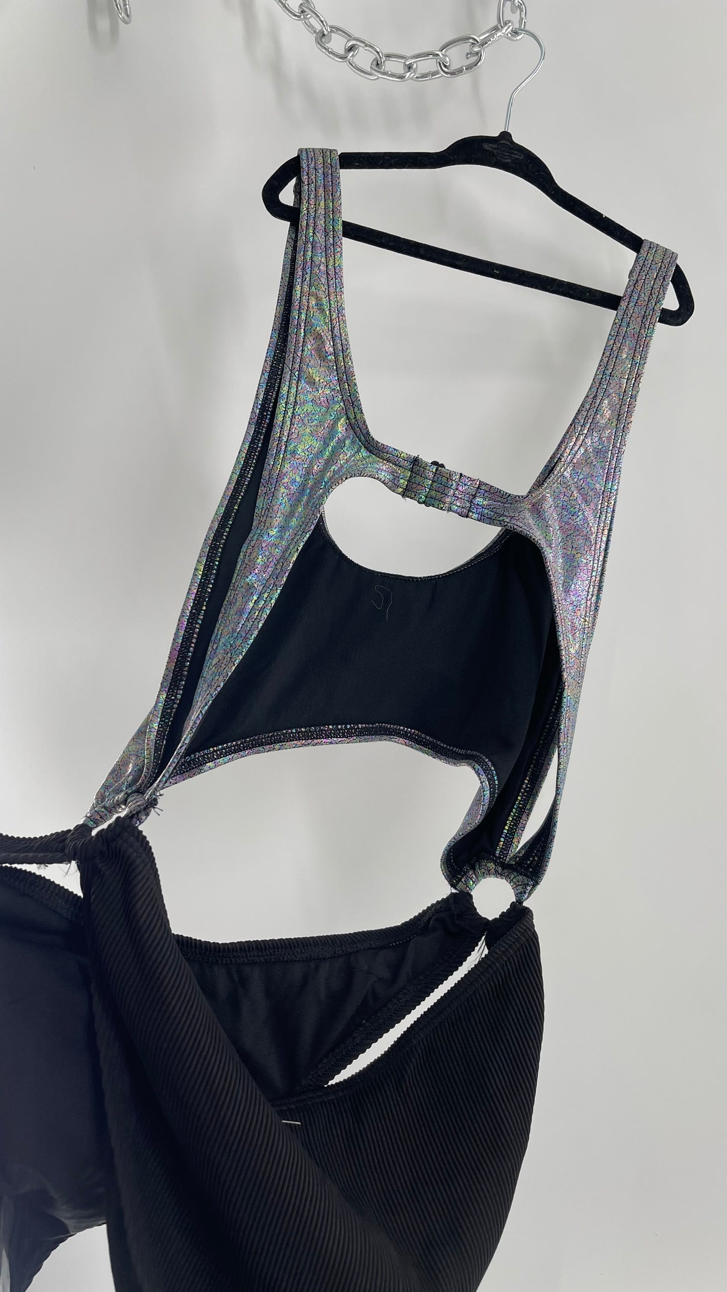 Urban Outfitters Out From Under Bathing Suit Metallic Gas Spill Top and Ribbed Black Bottom Connected by Rings (Large)