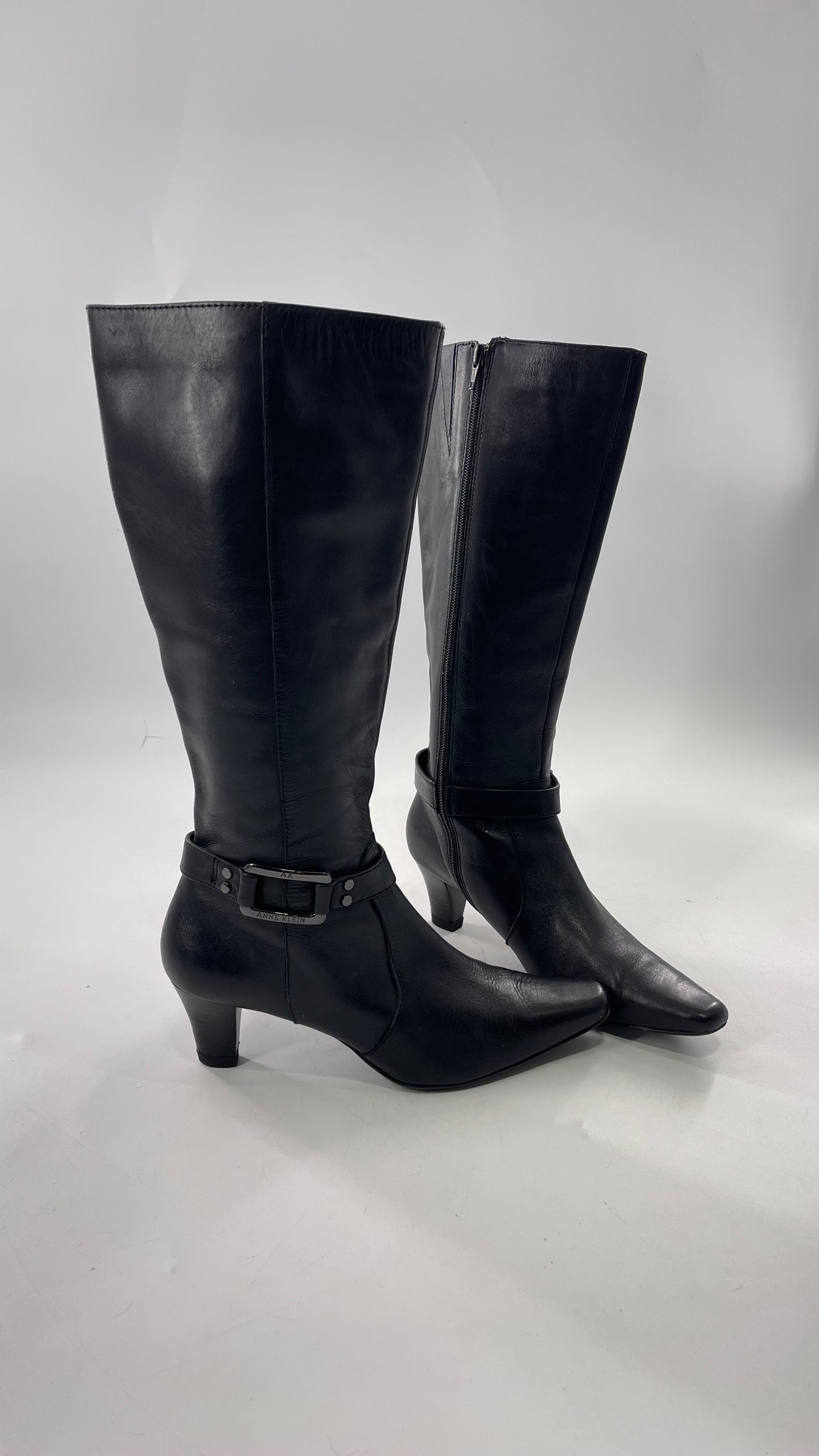 Vintage Black Anne Klein Leather Knee High Boots with Pointed Toe and Ankle Metal Buckle Detail (8)